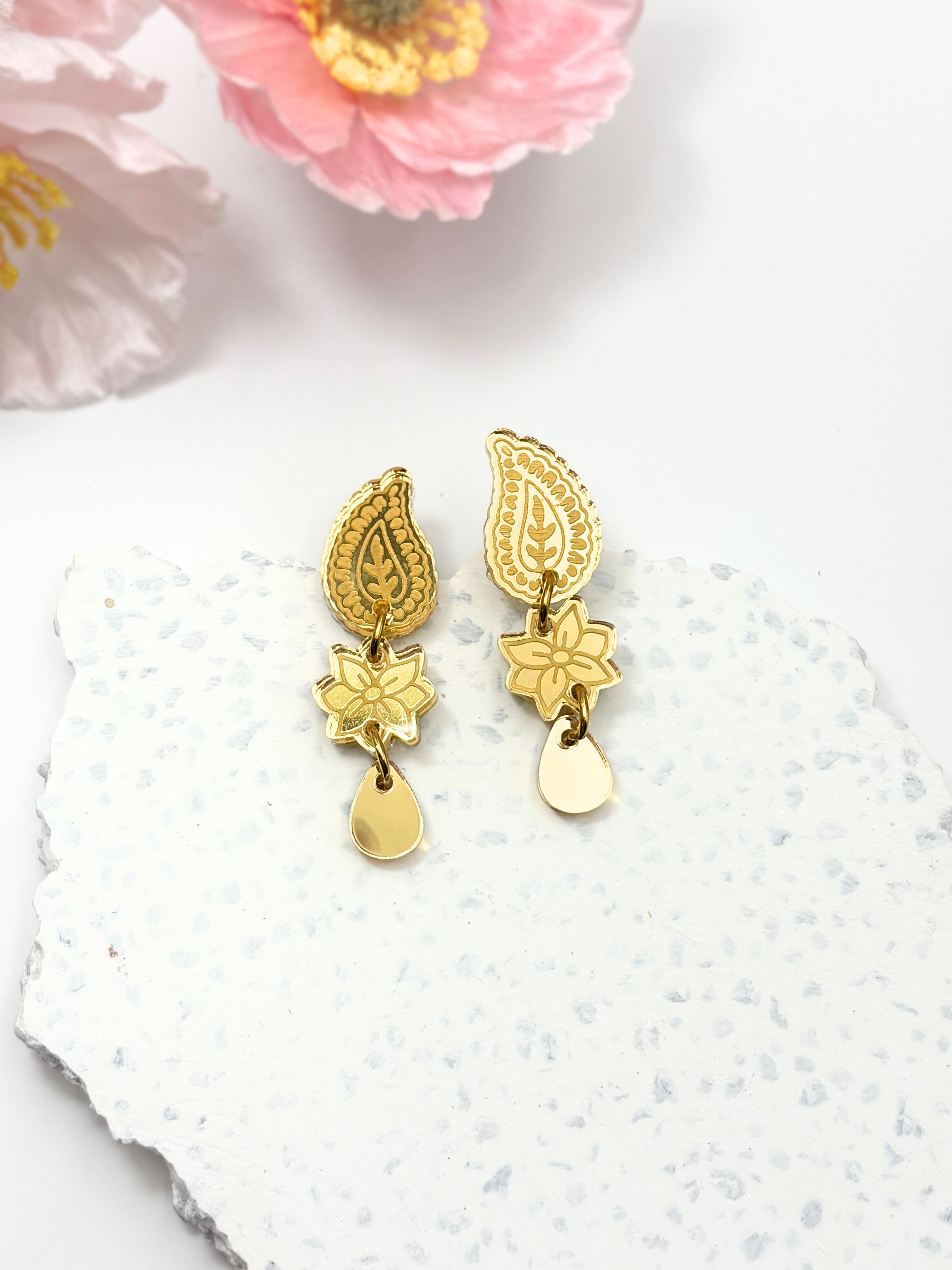 Marigold Paisley Drops - Gold Mirror Acrylic Earrings | Isla & Marigold