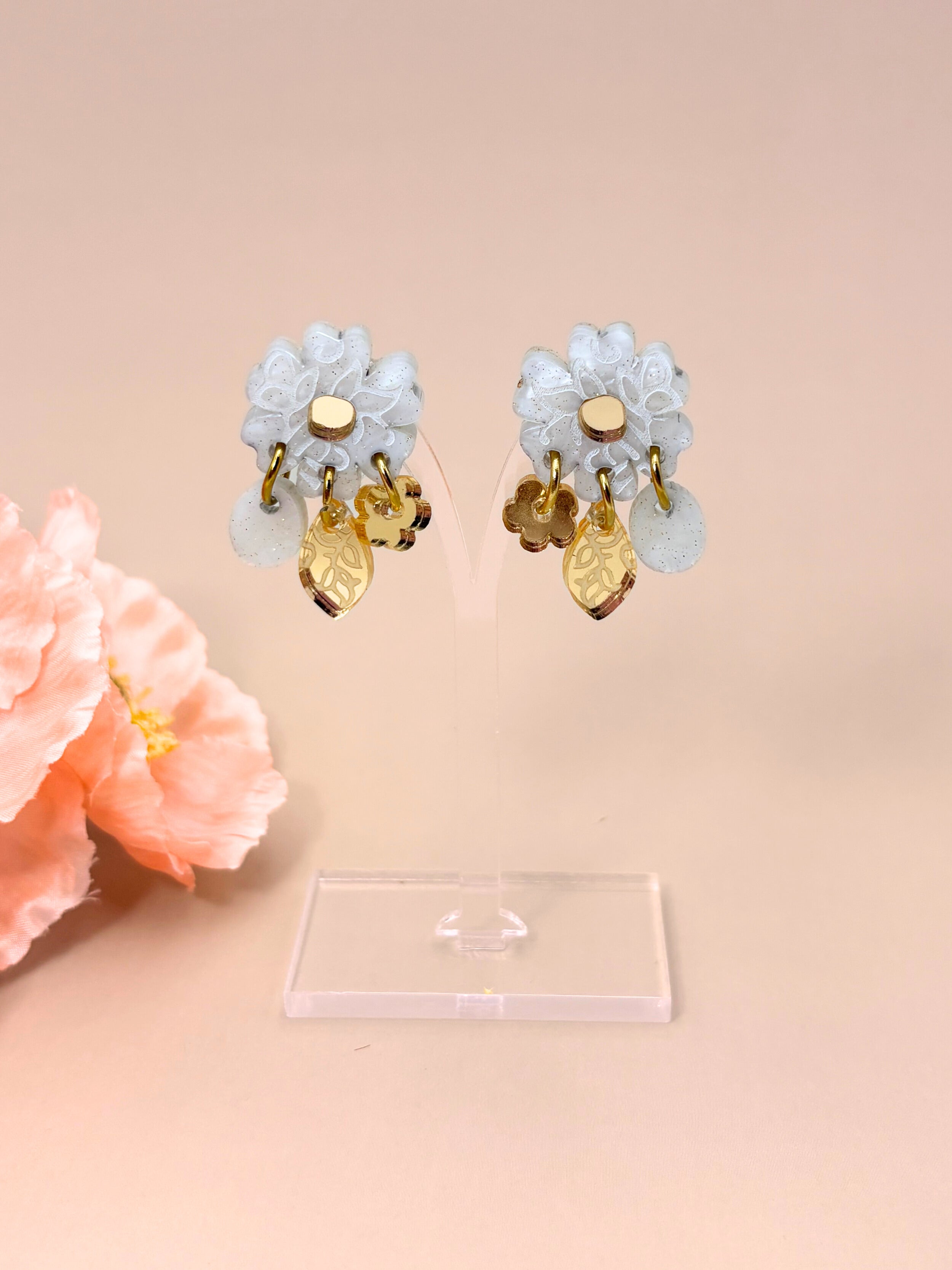 Moonflower Charm Dangles - Ivory and Gold Acrylic Earrings | Isla & Marigold