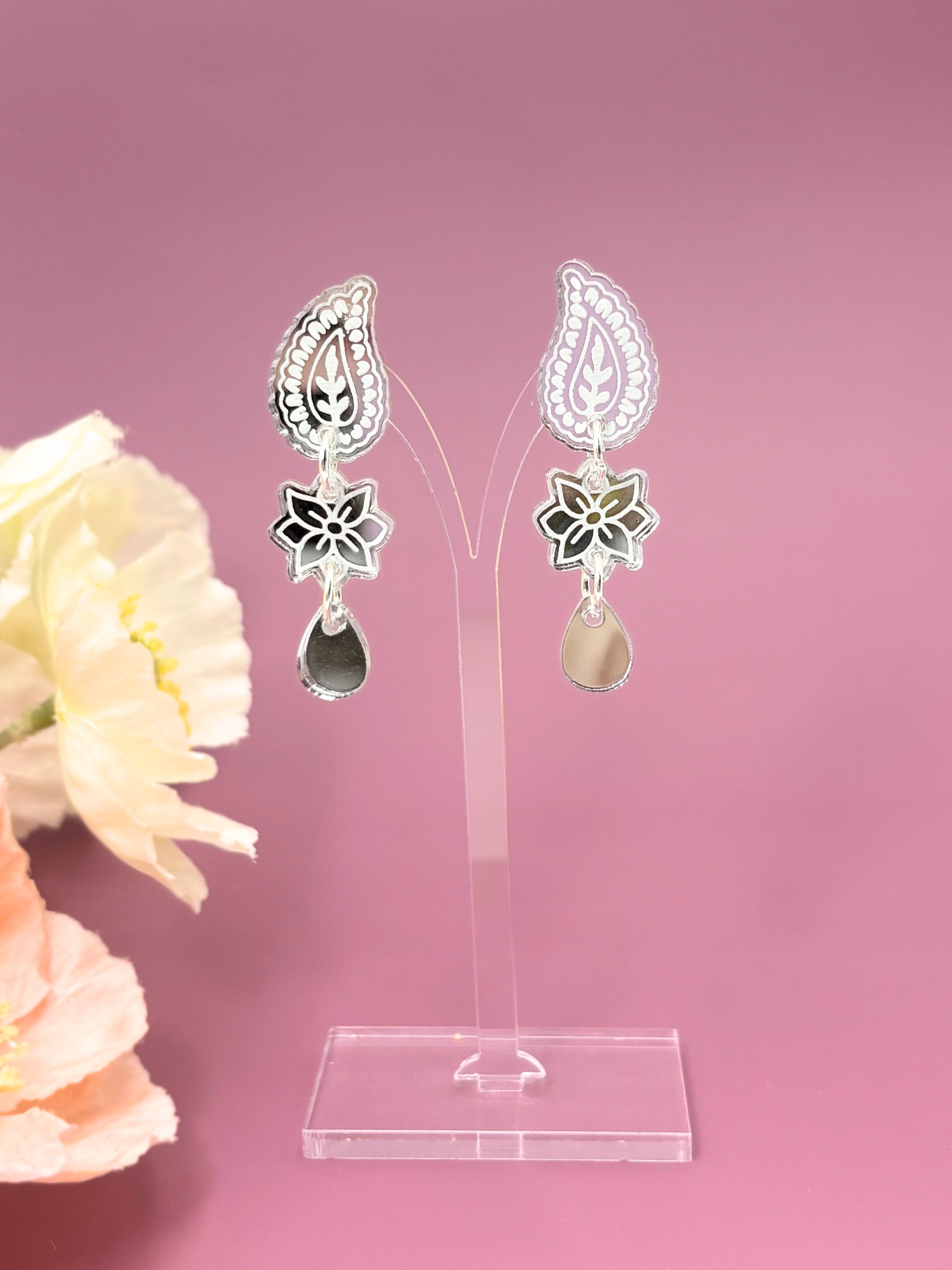 Marigold Paisley Drops - Silver Mirror Acrylic Earrings | Isla & Marigold