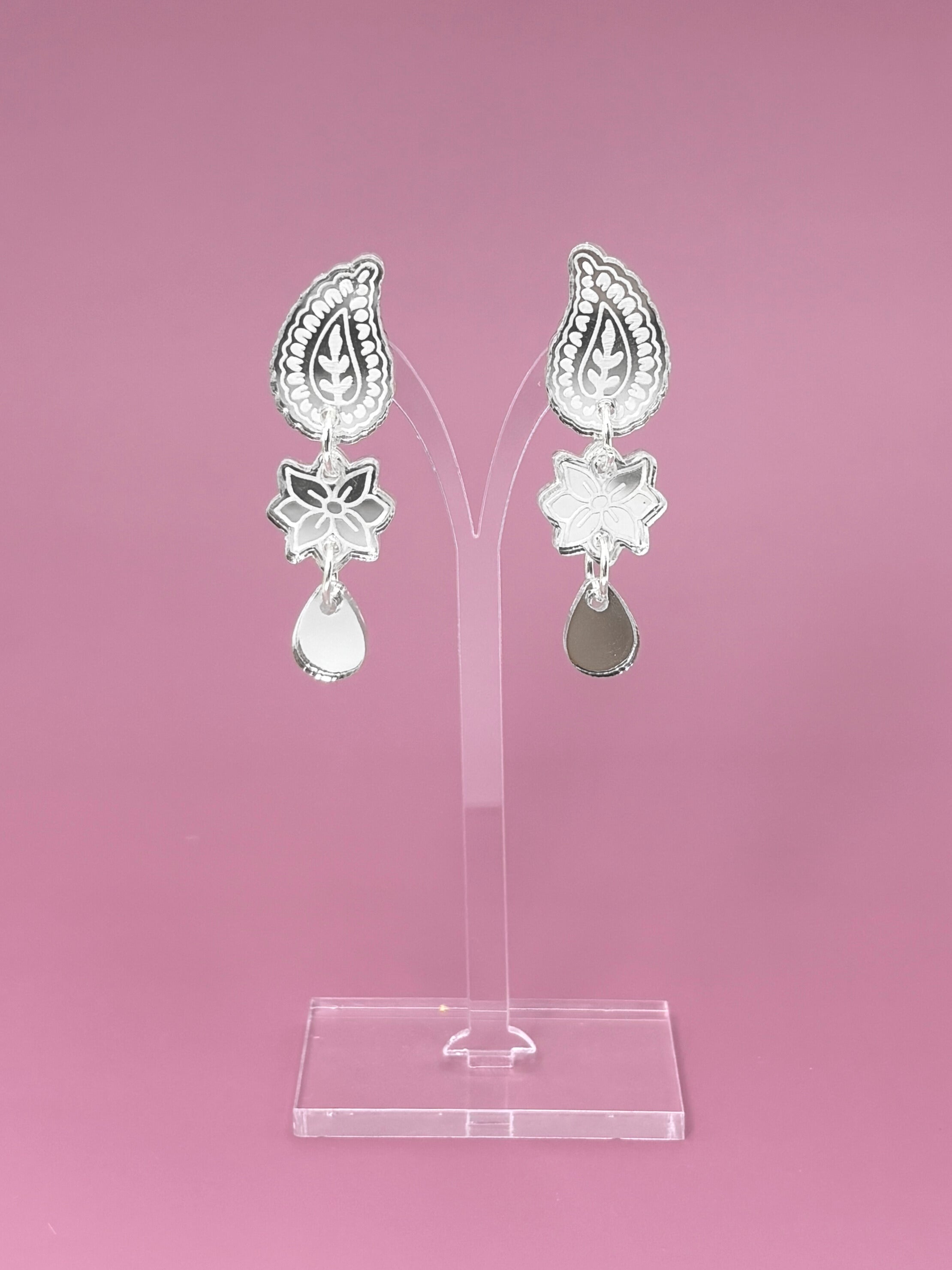 Marigold Paisley Drops - Silver Mirror Acrylic Earrings | Isla & Marigold