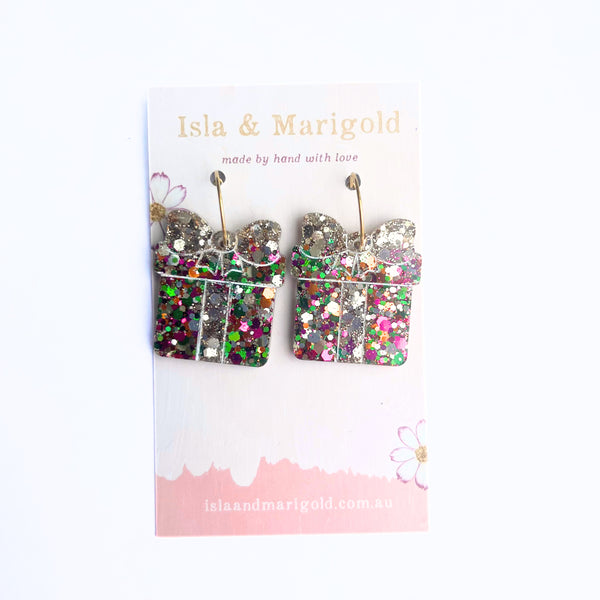 Glitter Christmas Gift Present Earrings- Two Sizes