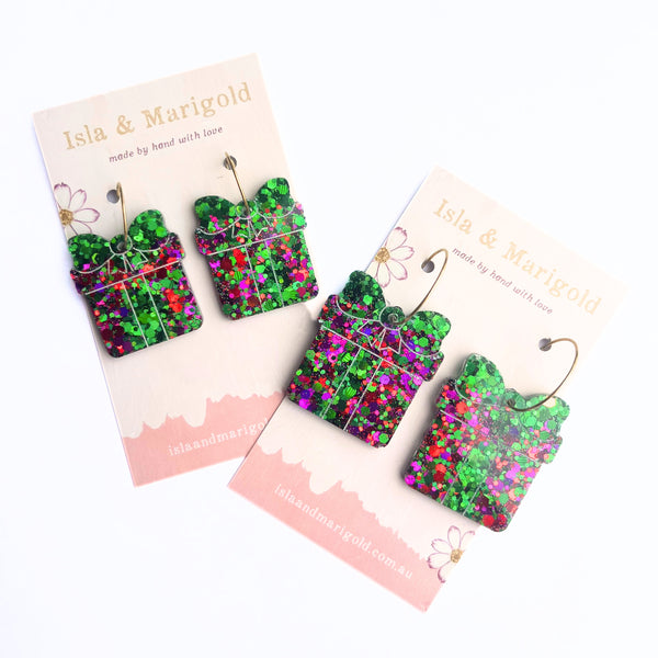 Green Red Sparkle Christmas Gift Earrings- Two Sizes