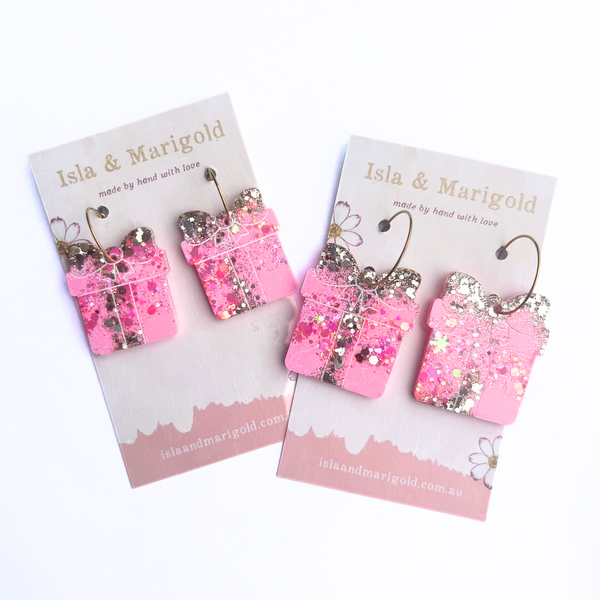 Pink Gold Sparkle Christmas Gift Earrings- Two Sizes