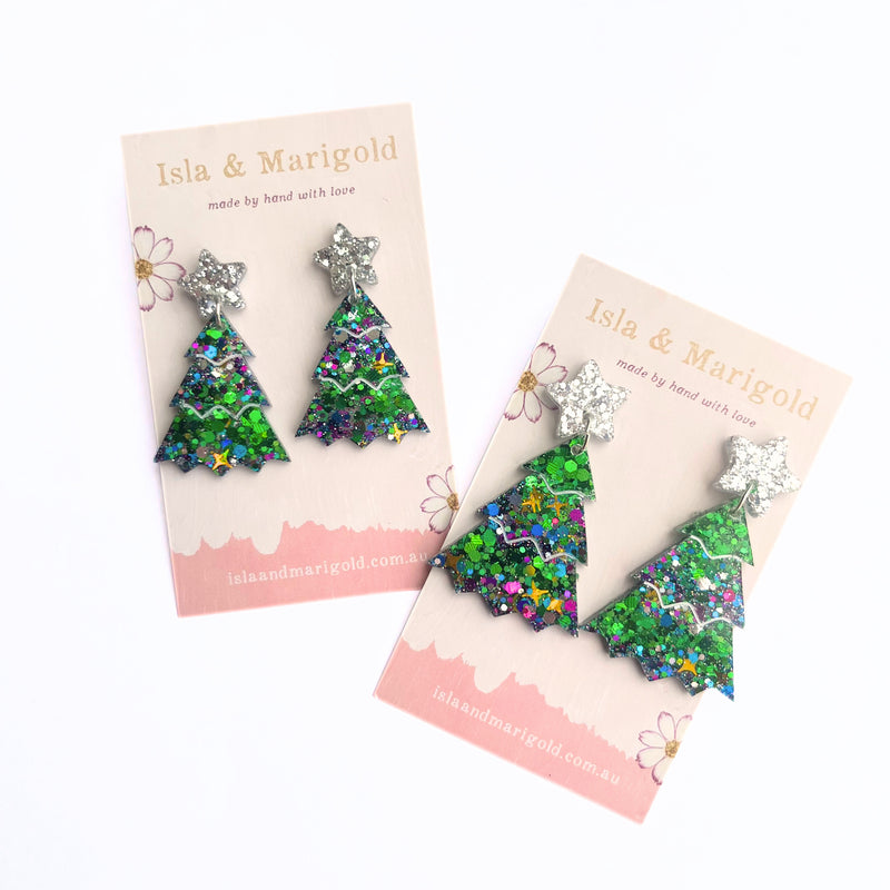Handmade Earrings- Blue Green Glitter Christmas Tree- Two Sizes