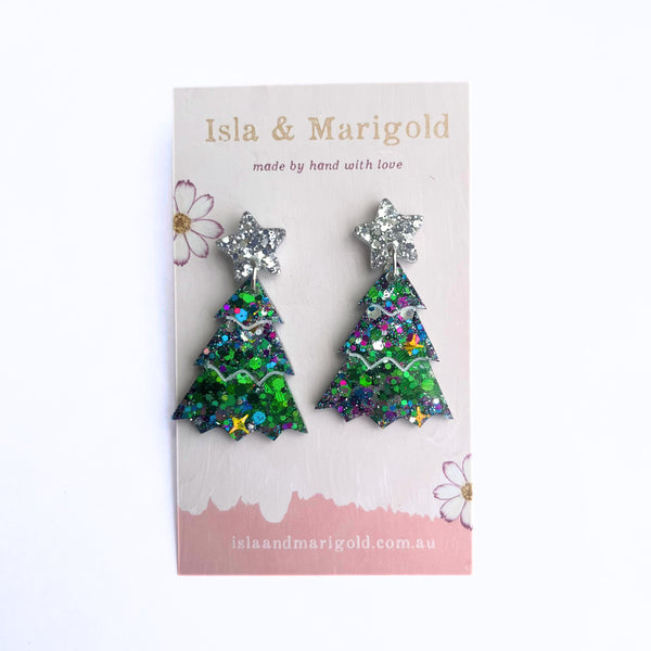 Handmade Earrings- Blue Green Glitter Christmas Tree- Two Sizes