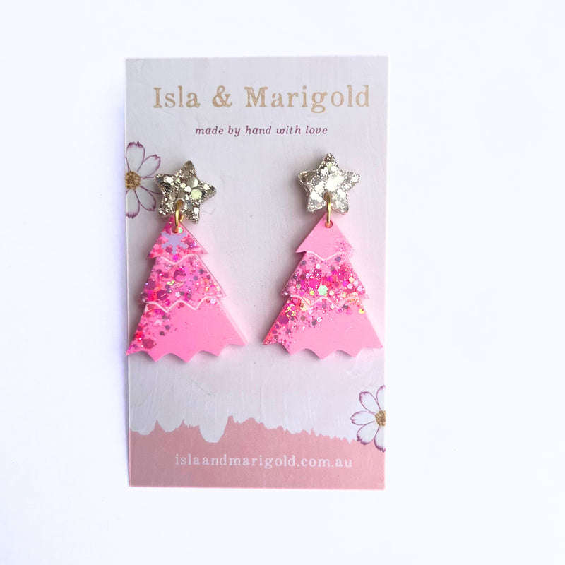 Handmade Earrings- Glitter Pink Christmas Tree Earrings- Two Sizes