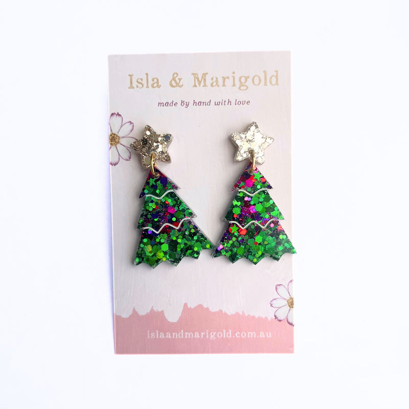 Handmade Earrings- Purple Green Glitter Christmas Tree- Two Sizes