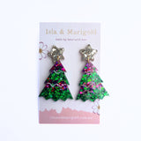 Handmade Earrings- Purple Green Glitter Christmas Tree- Two Sizes