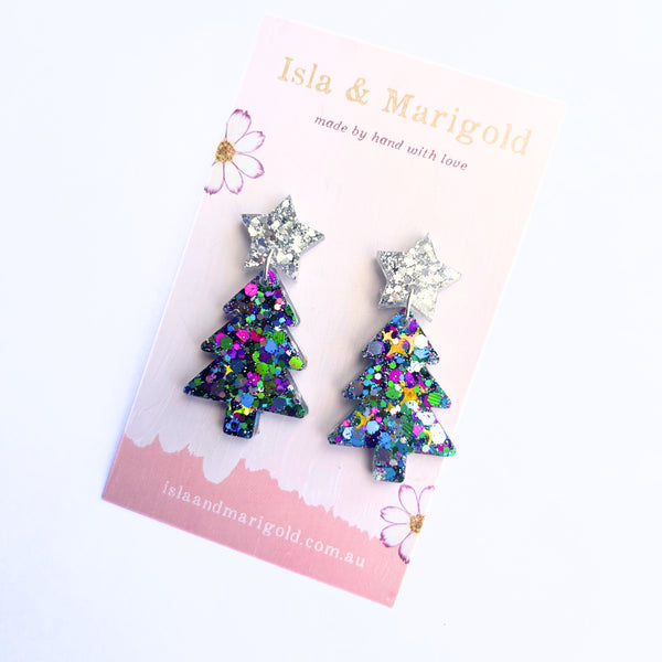 Christmas Tree Earrings Blue Silver