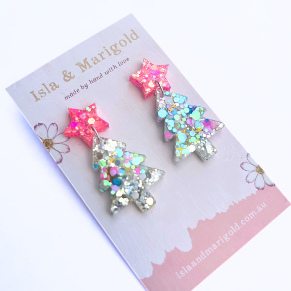 Rainbow Neon Sparkle Glitter Christmas Tree Earrings