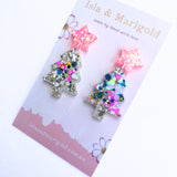 Rainbow Neon Sparkle Glitter Christmas Tree Earrings