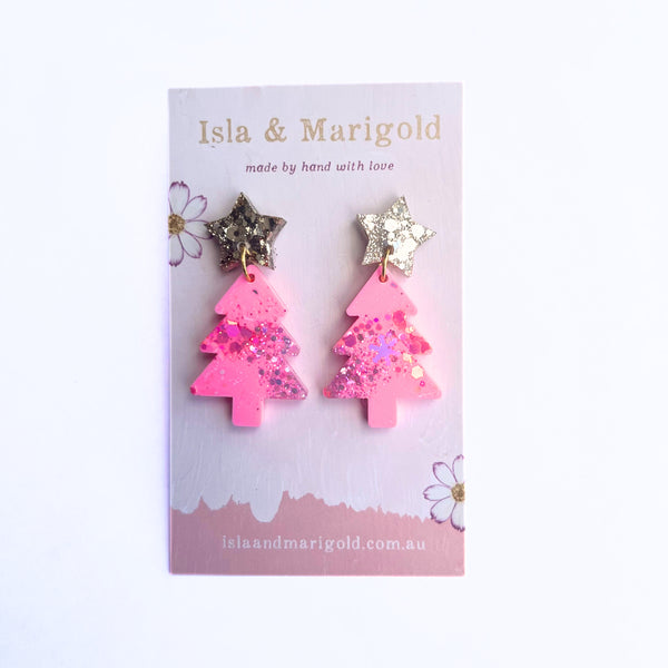 Pink Gold Glitter Christmas Tree Earrings