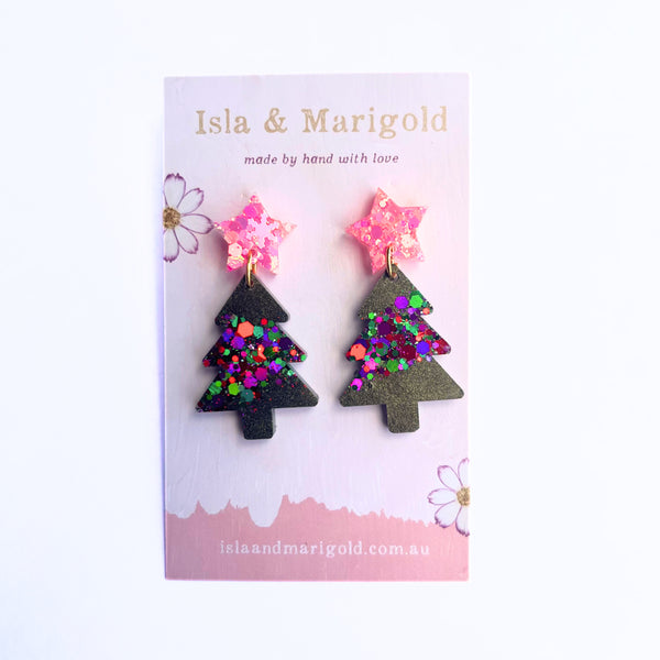 Green Shimmer Glitter Christmas Tree Earrings