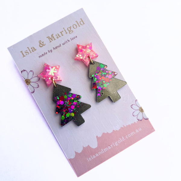 Green Shimmer Glitter Christmas Tree Earrings