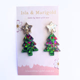 Green Red Sparkle Glitter Christmas Tree Earrings