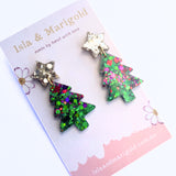 Green Red Sparkle Glitter Christmas Tree Earrings