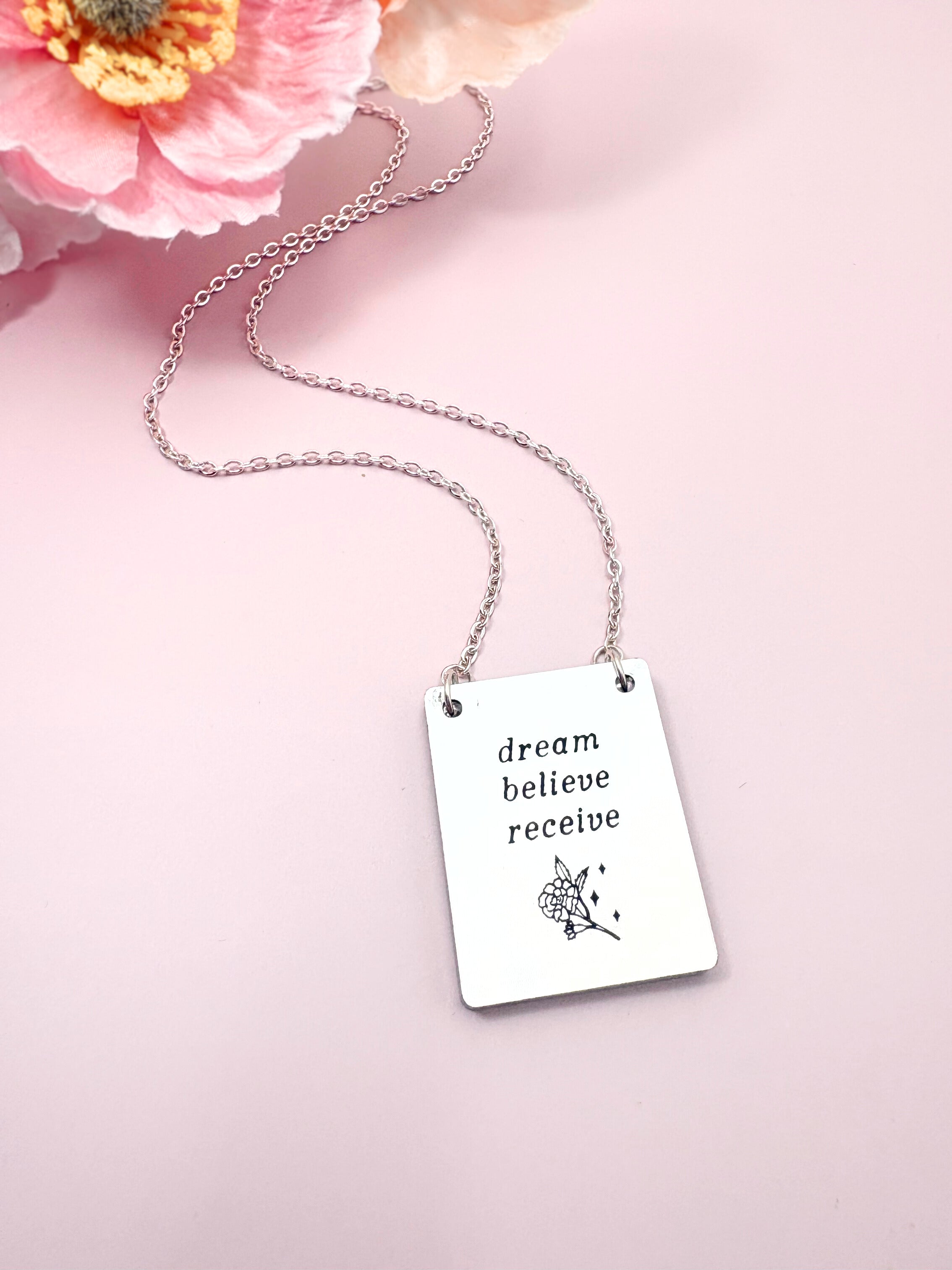 Dream Believe Receive Pendant Necklace – Silver Mirror Acrylic | Isla & Marigold