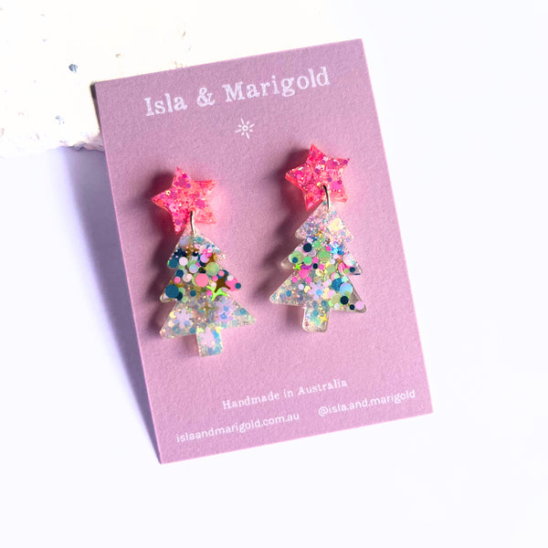 Neon Christmas Tree Earrings Pink Star