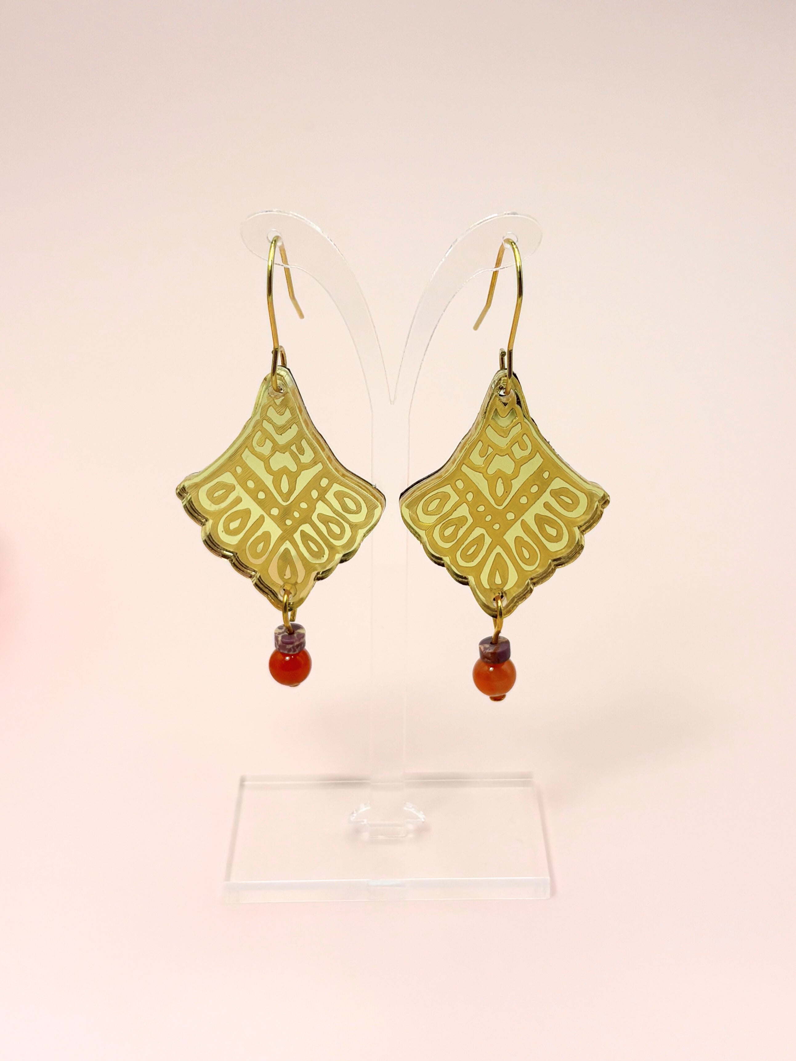 I Manifest With Ease Affirmation Dangles – Gold Mirror Acrylic Earrings | Carnelian & Jasper | Isla & Marigold