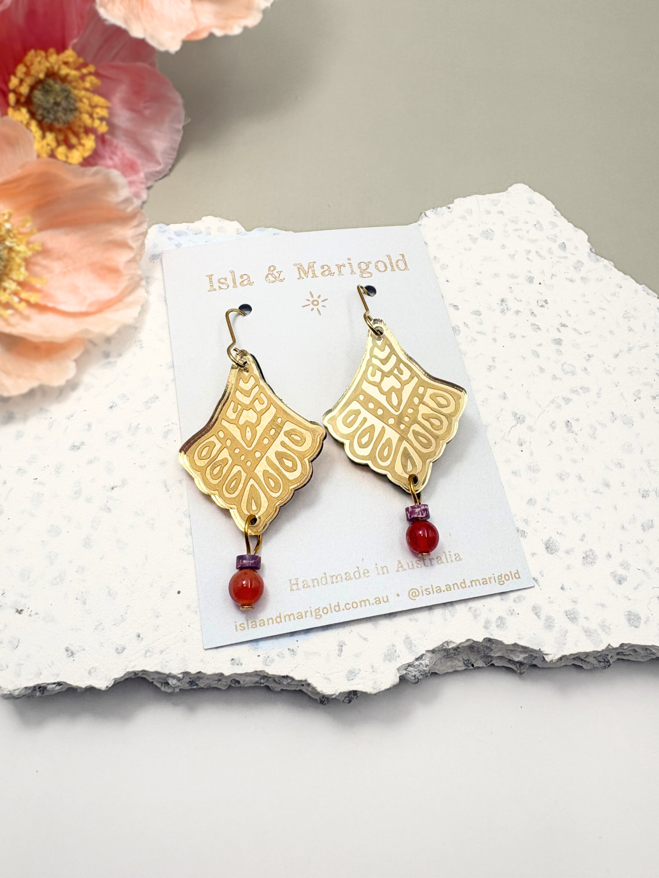 I Manifest With Ease Affirmation Dangles – Gold Mirror Acrylic Earrings | Carnelian & Jasper | Isla & Marigold