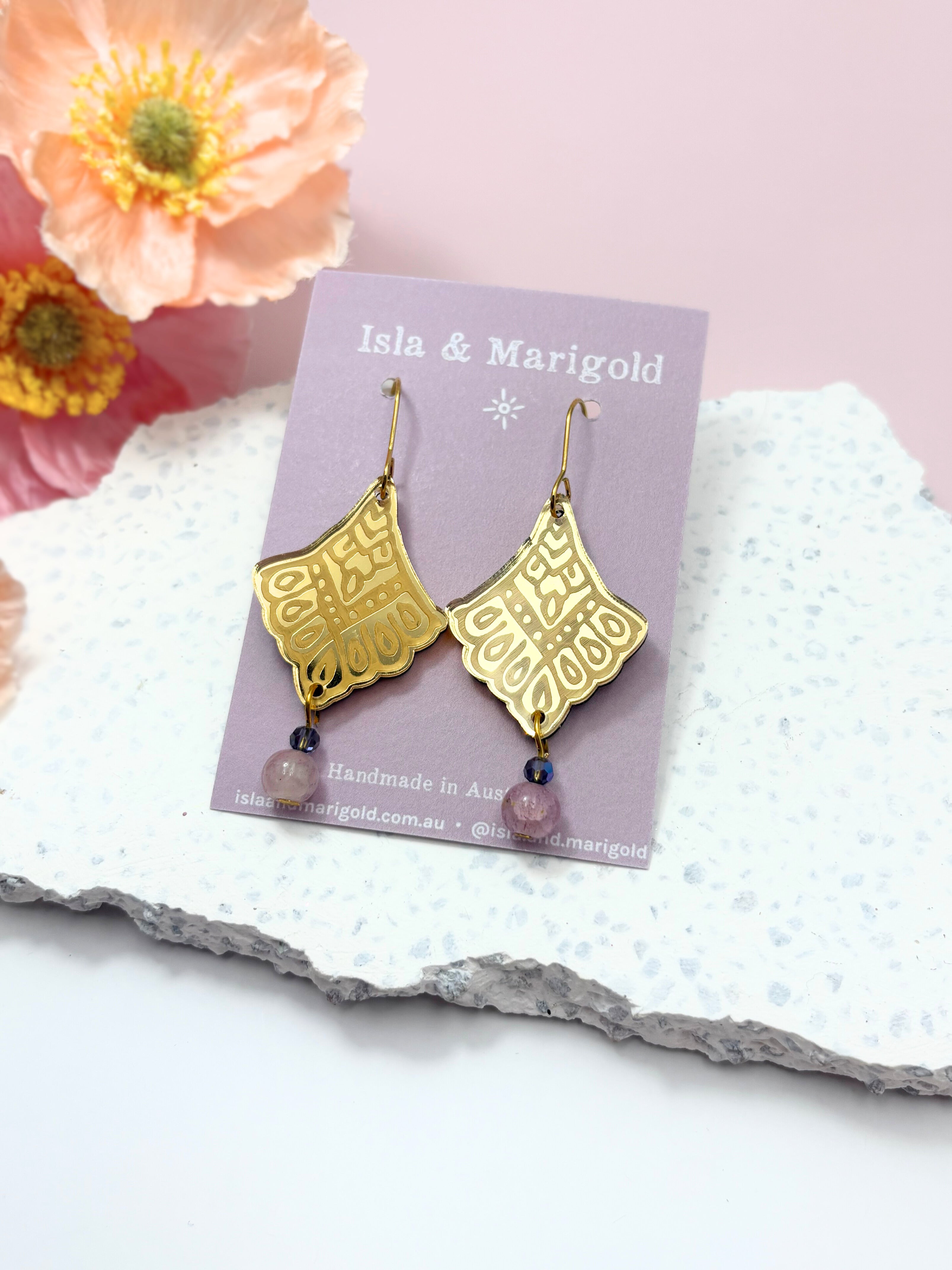 I Manifest With Ease Affirmation Dangles – Gold Mirror Acrylic Earrings | Indigo & Plum Glass | Isla & Marigold