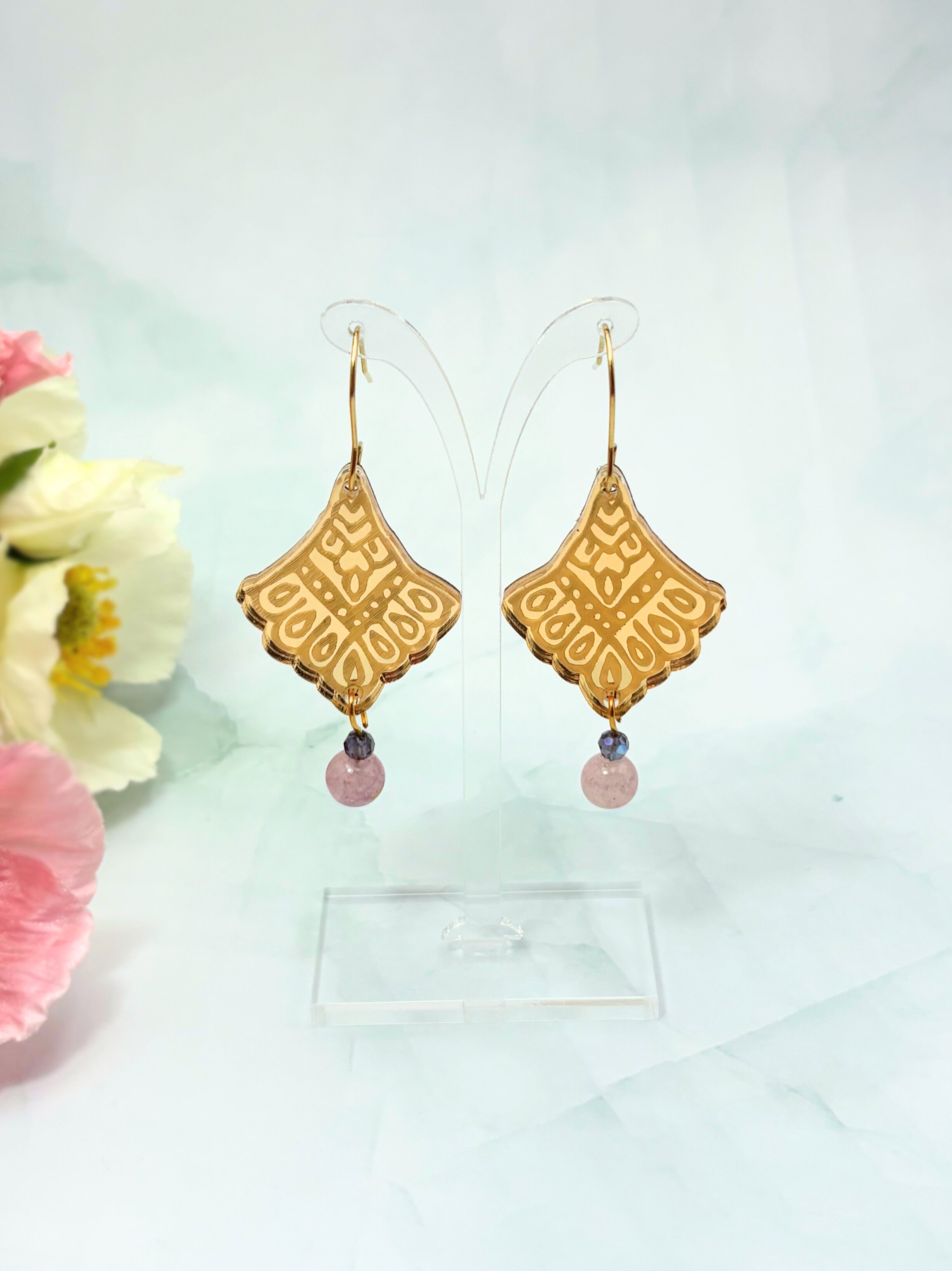 I Manifest With Ease Affirmation Dangles – Gold Mirror Acrylic Earrings | Indigo & Plum Glass | Isla & Marigold