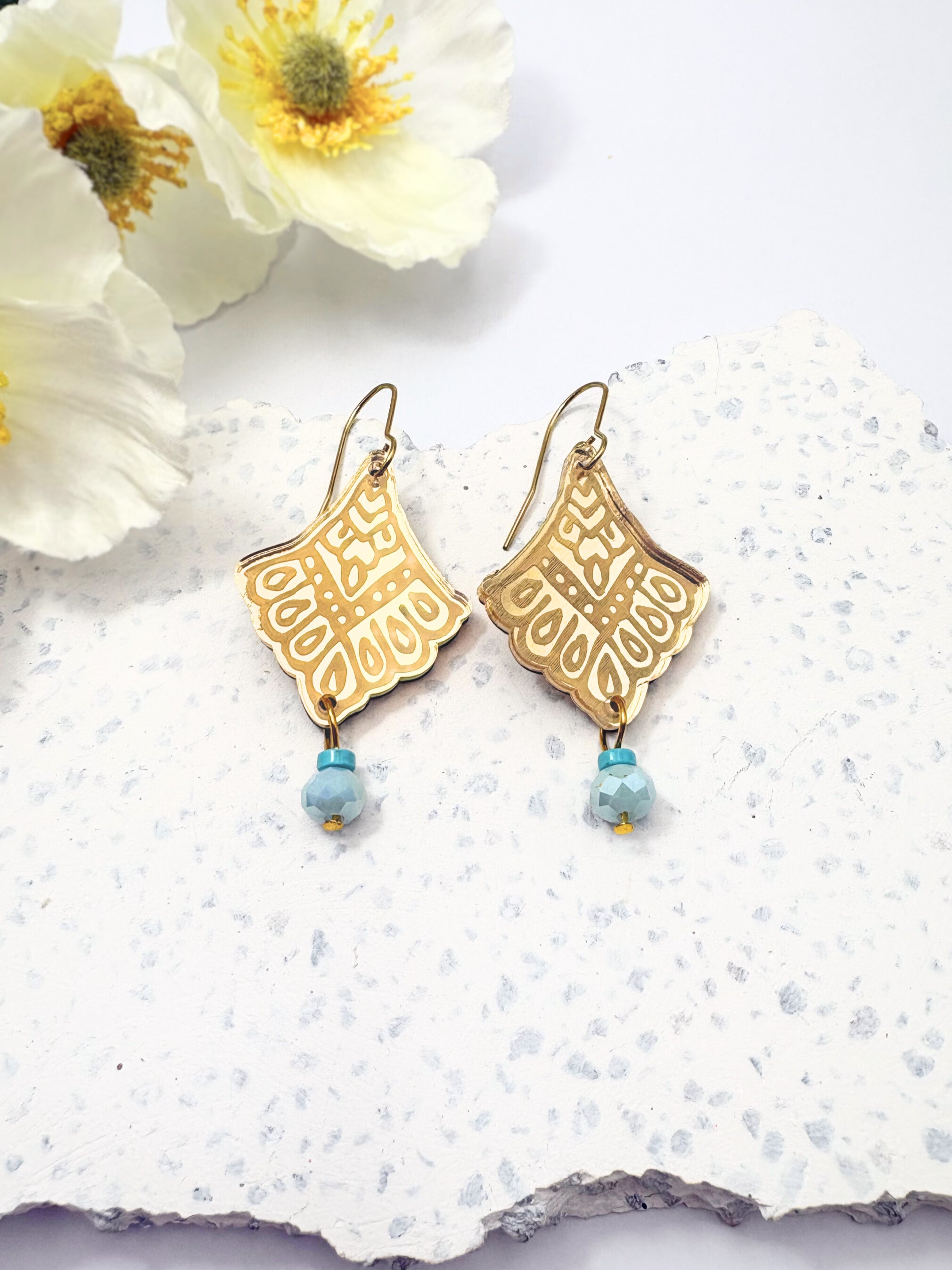 I Manifest With Ease Dangles – Gold Mirror Acrylic Earrings | Turquoise & Blue Glass | Isla & Marigold