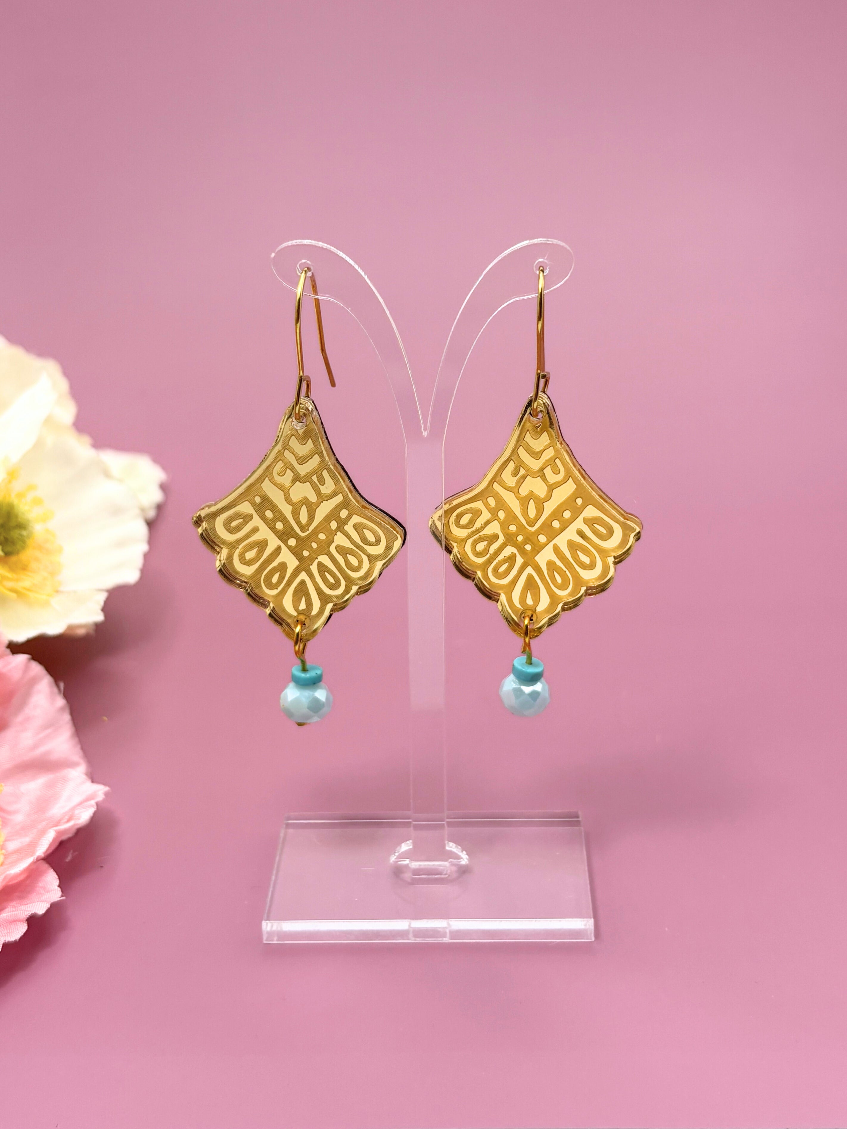 I Manifest With Ease Affirmation Dangles – Gold Mirror Acrylic Earrings | Turquoise & Blue Glass | Isla & Marigold