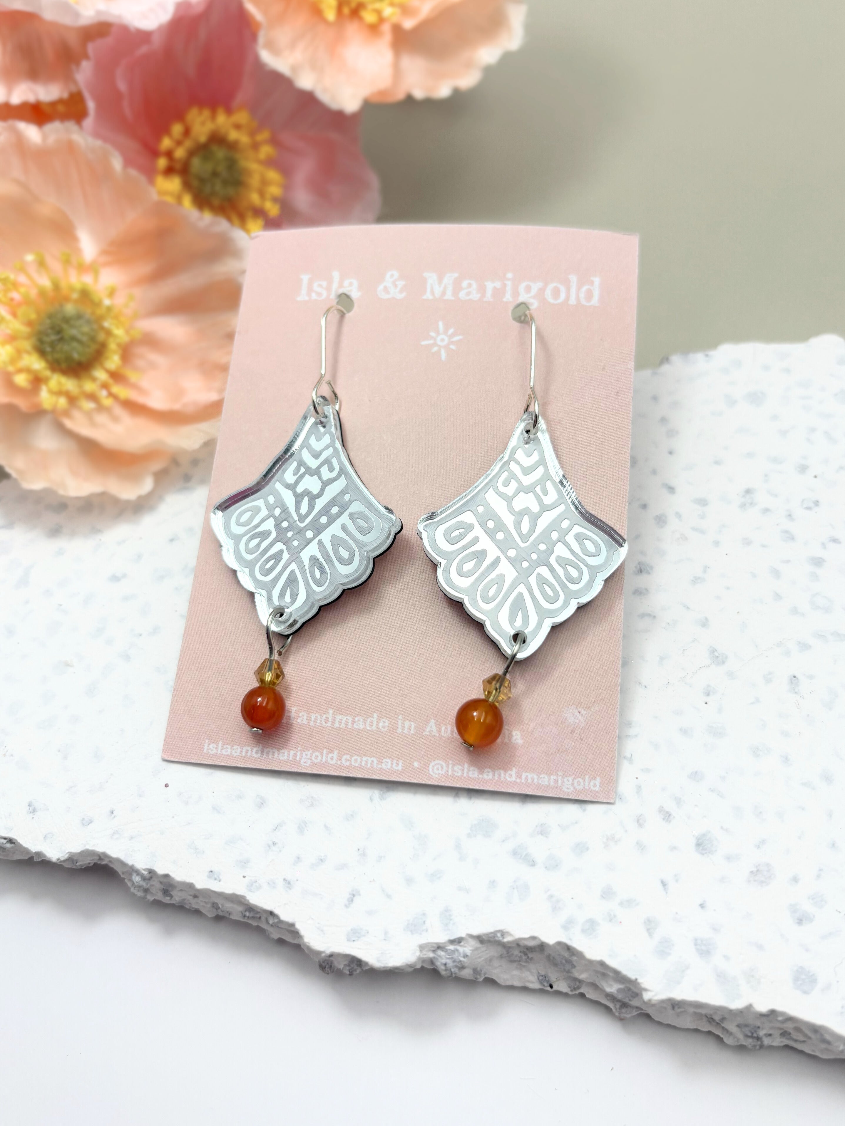 I Manifest With Ease Dangles – Silver Mirror Acrylic Earrings | Carnelian & Amber Glass | Isla & Marigold