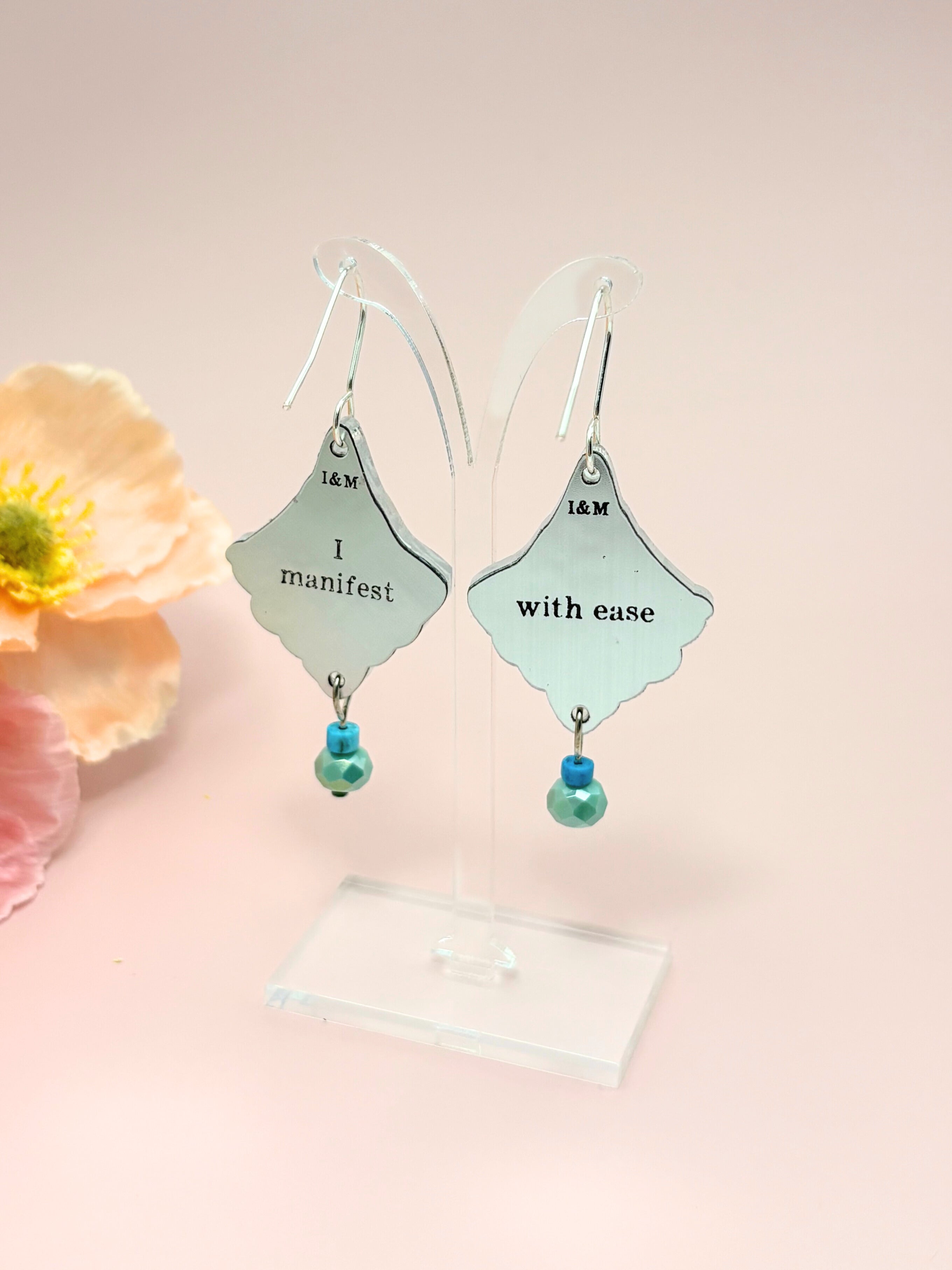I Manifest With Ease Dangles – Silver Mirror Acrylic Earrings | Blue Howlite & Teal Glass | Isla & Marigold