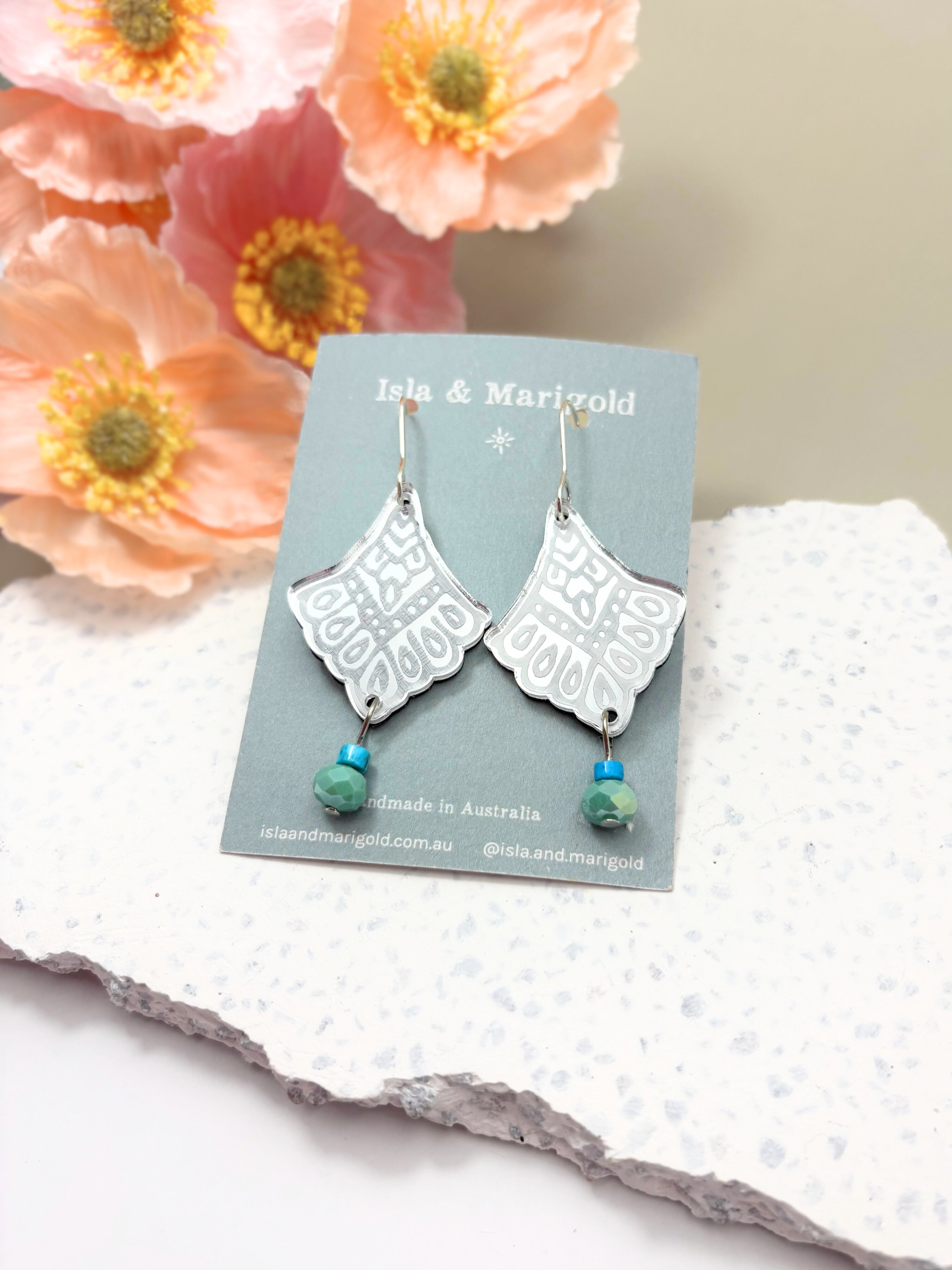 I Manifest With Ease Affirmation Dangles – Silver Mirror Acrylic Earrings | Blue Howlite & Teal Glass | Isla & Marigold