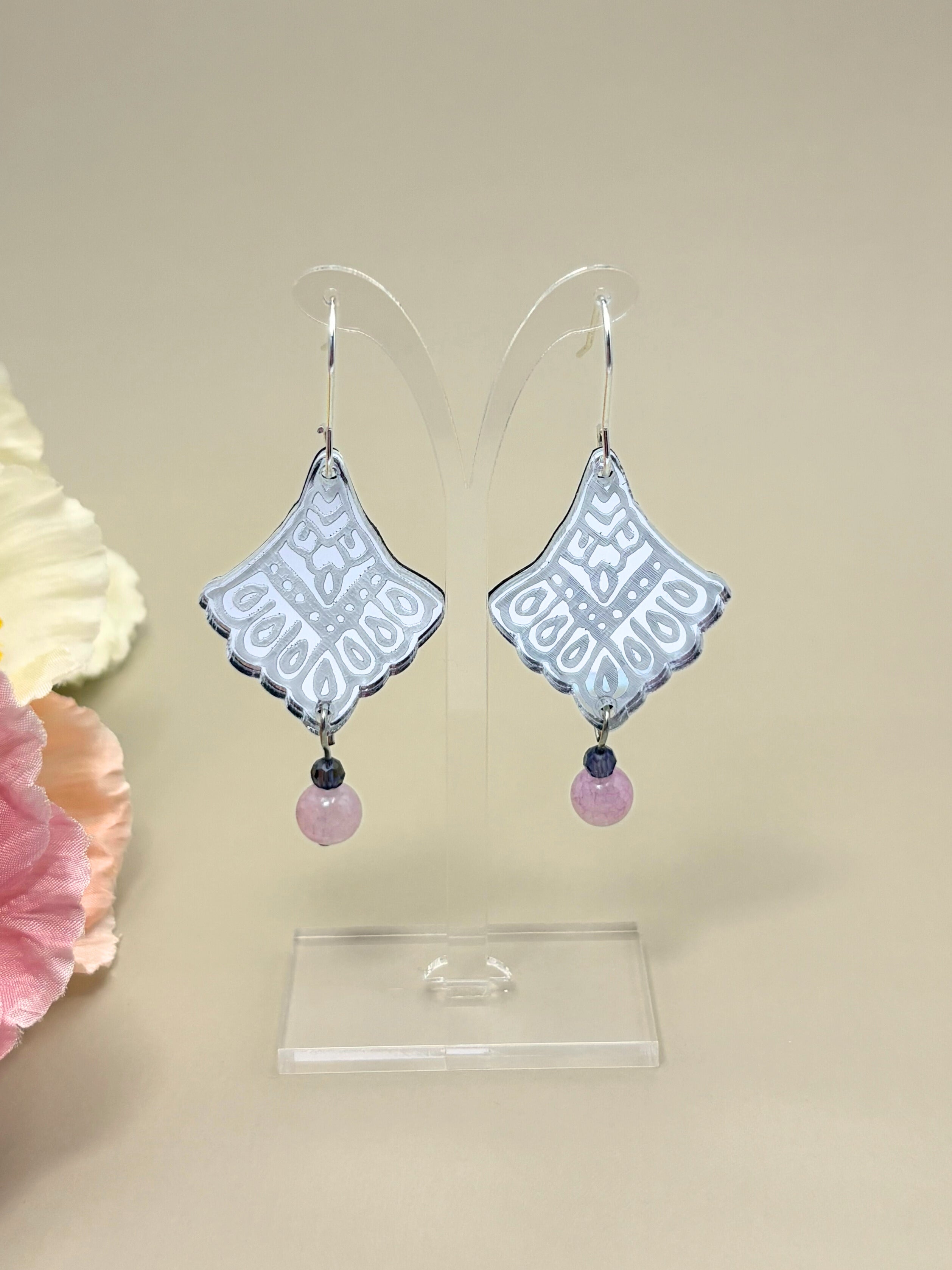 I Manifest With Ease Affirmation Dangles – Silver Mirror Acrylic Earrings | Indigo & Plum Glass | Isla & Marigold