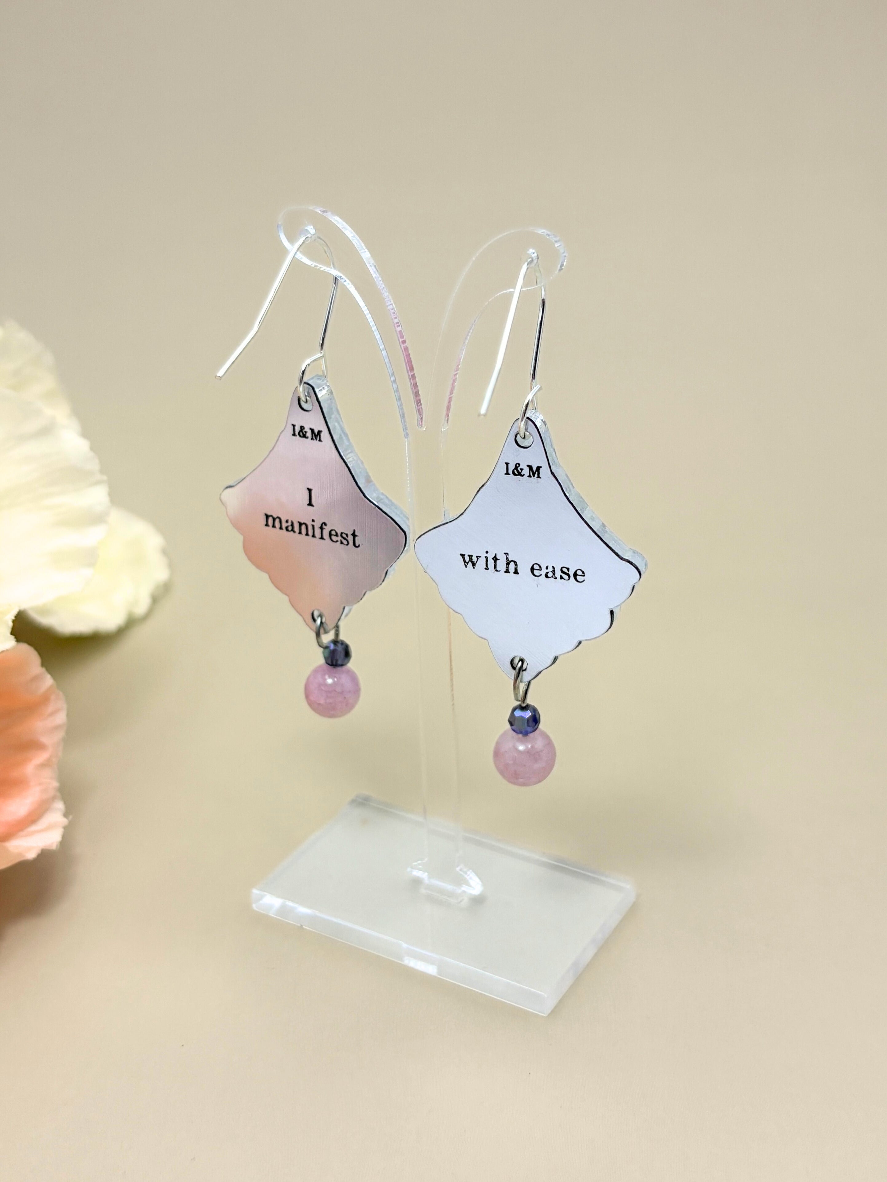 I Manifest With Ease Affirmation Dangles – Silver Mirror Acrylic Earrings | Indigo & Plum Glass | Isla & Marigold