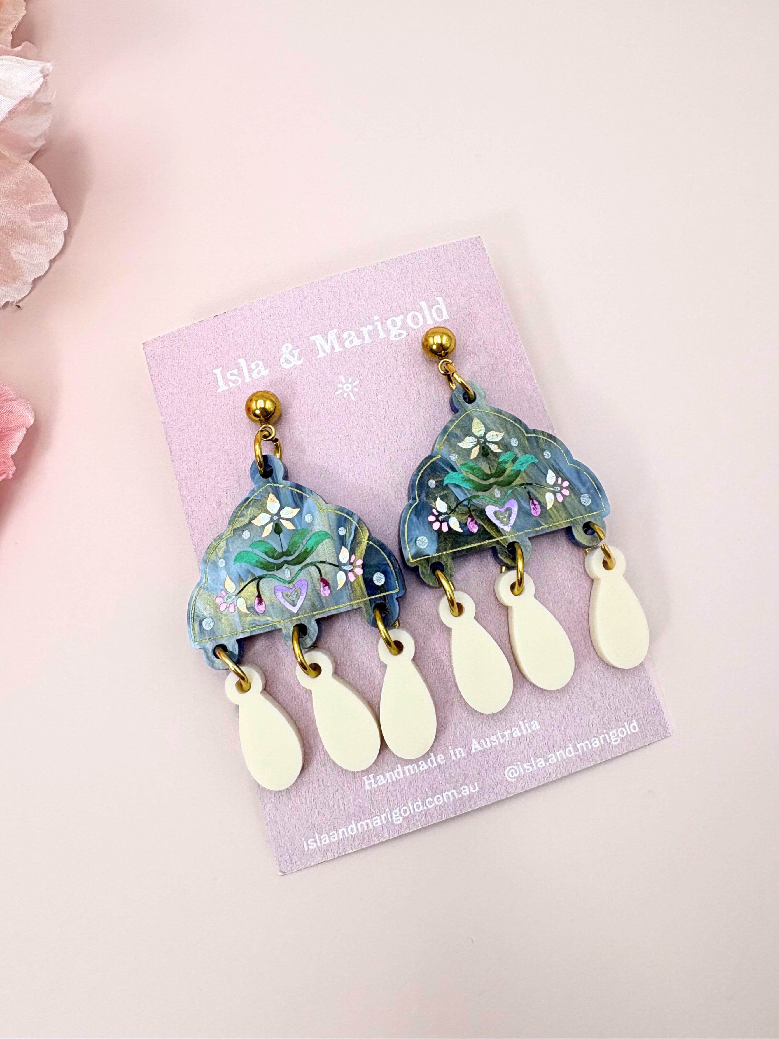 Inner Bloom Dangles - Dusty Blue & Champagne Acrylic Earrings | Isla & Marigold