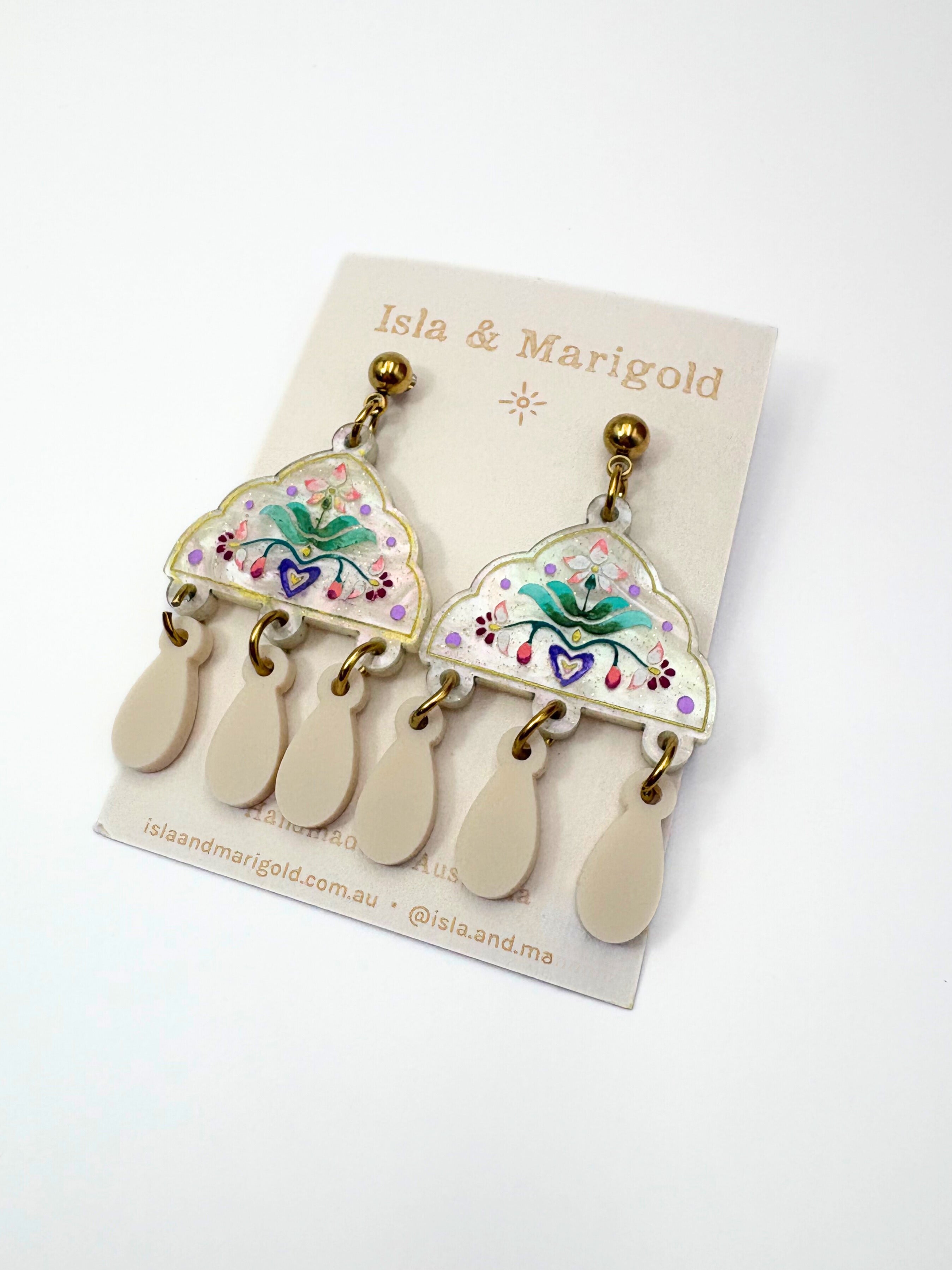 Inner Bloom Dangles - Ivory, Champagne & Gold Acrylic Earrings | Isla & Marigold