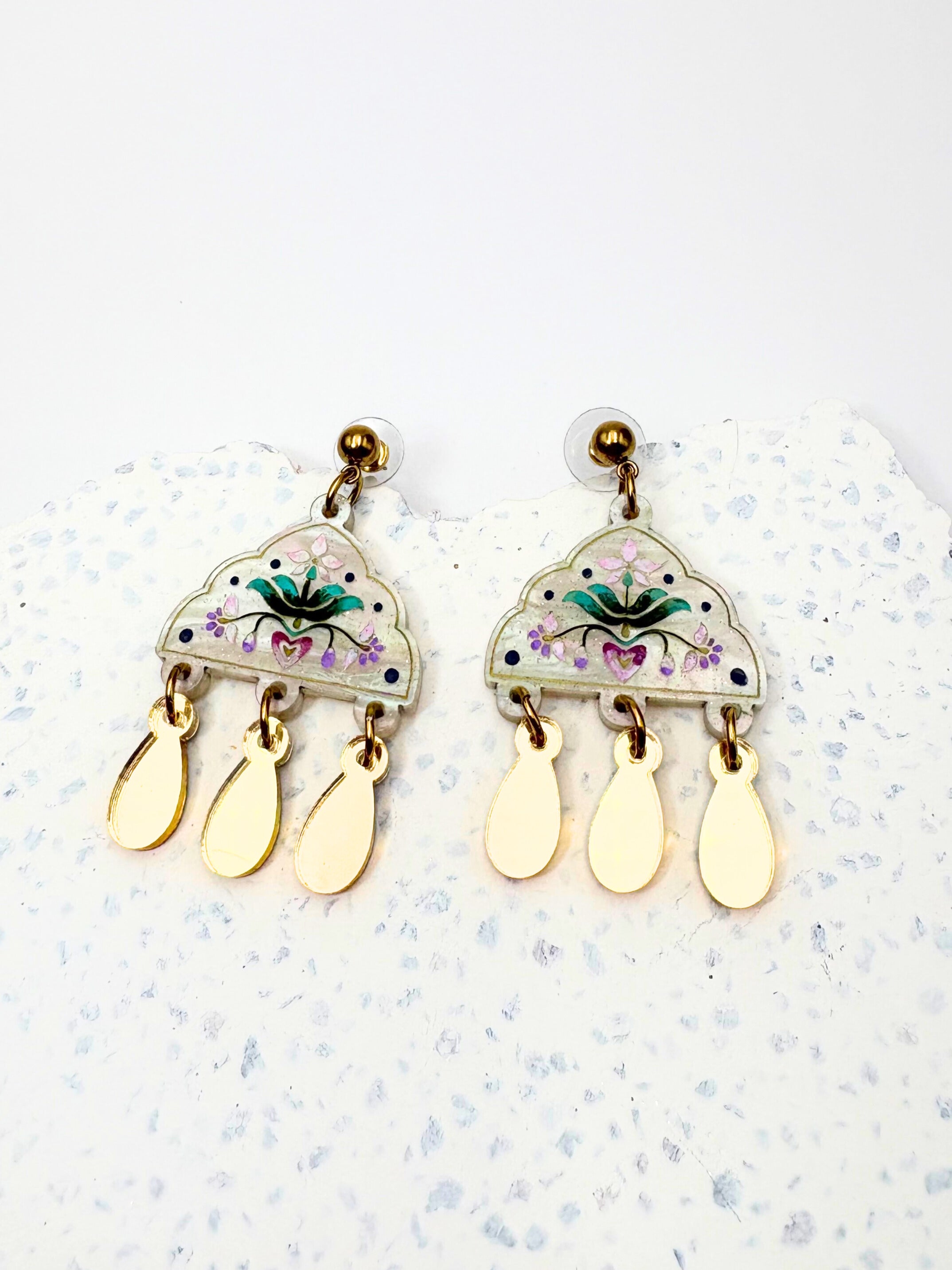 Inner Bloom Dangles - Shimmery Ivory & Gold Acrylic Earrings | Isla & Marigold