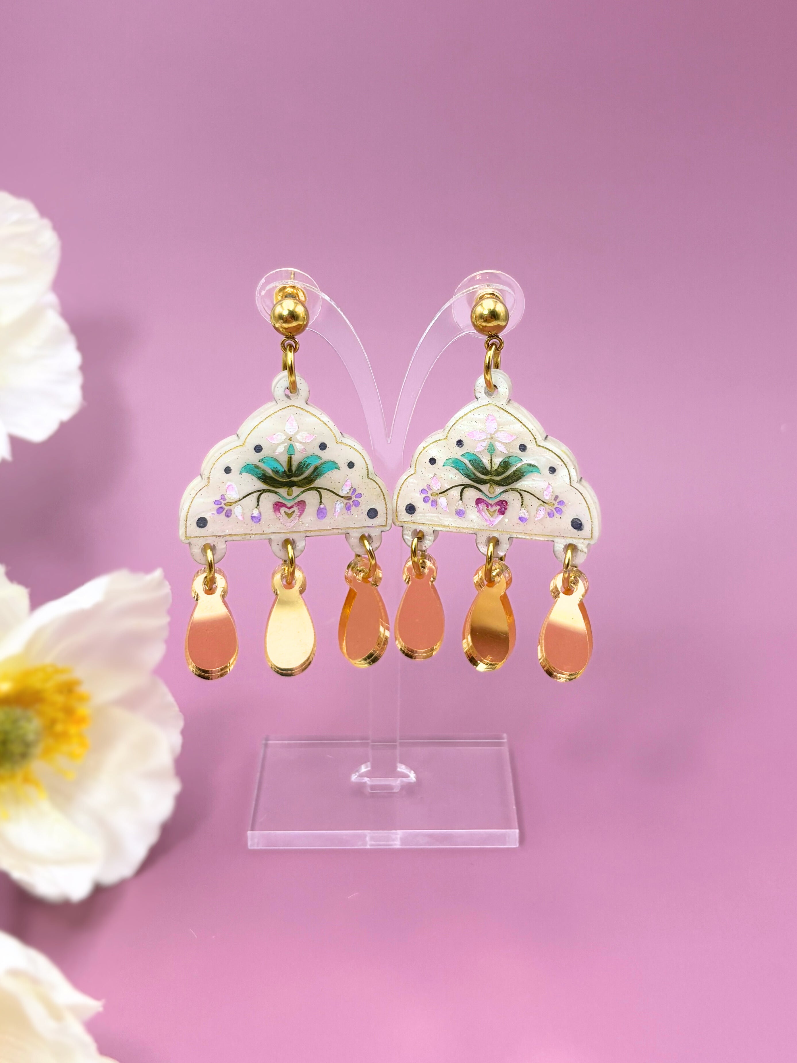 Inner Bloom Dangles - Shimmery Ivory & Gold Acrylic Earrings | Isla & Marigold