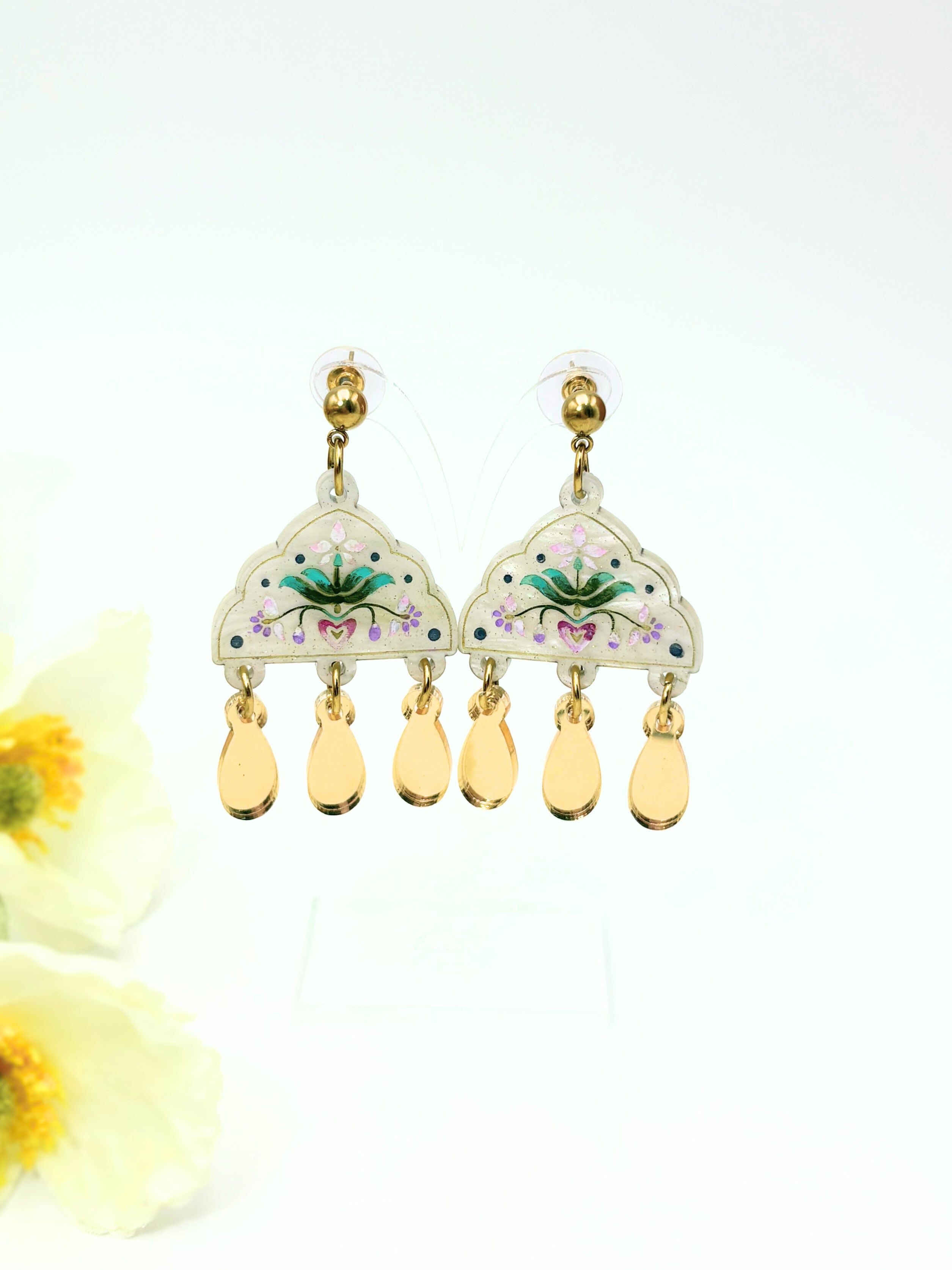 Inner Bloom Dangles - Shimmery Ivory & Gold Acrylic Earrings | Isla & Marigold