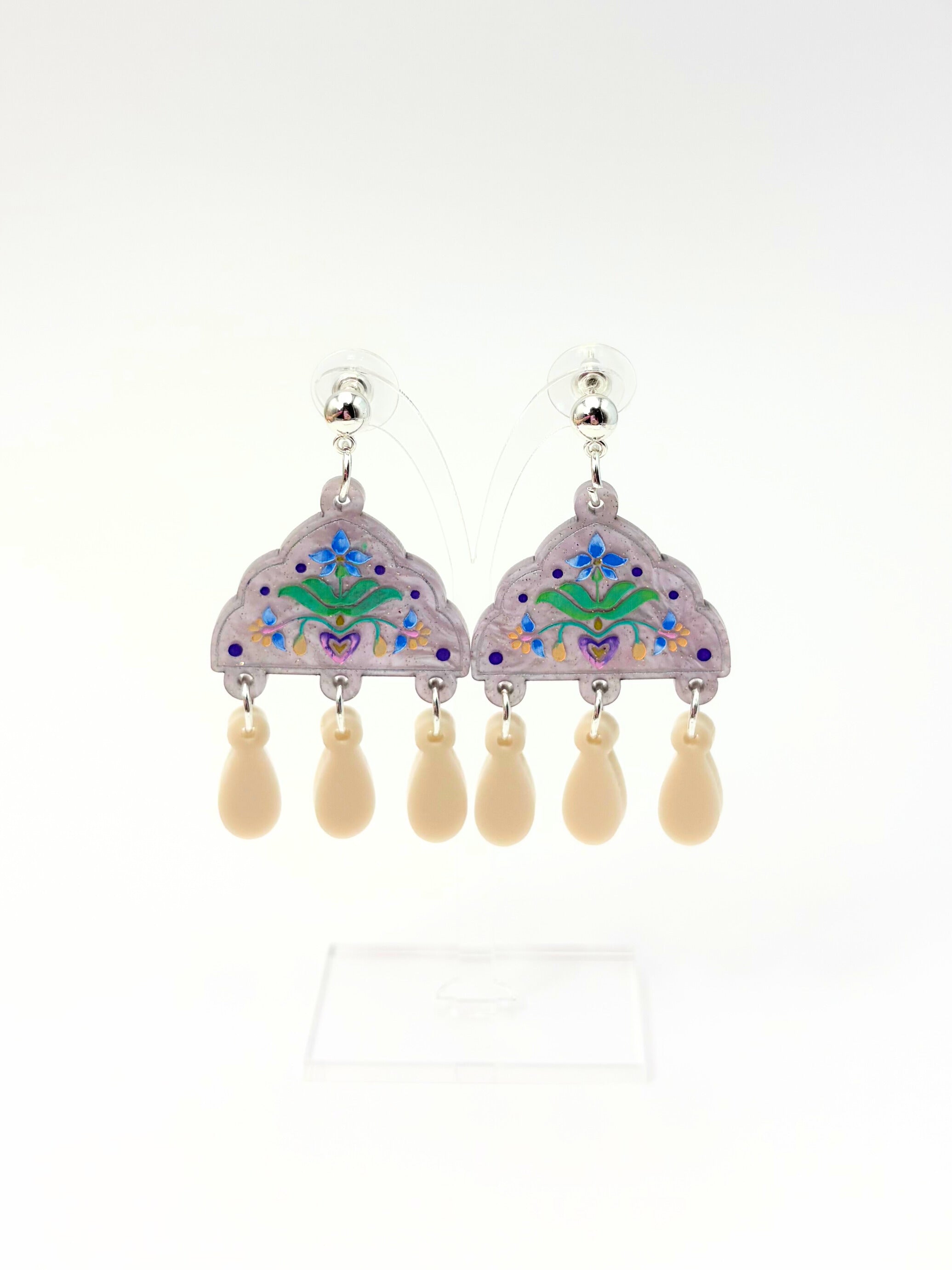 Inner Bloom Dangles - Lilac, Cream & Silver Acrylic Earrings | Isla & Marigold