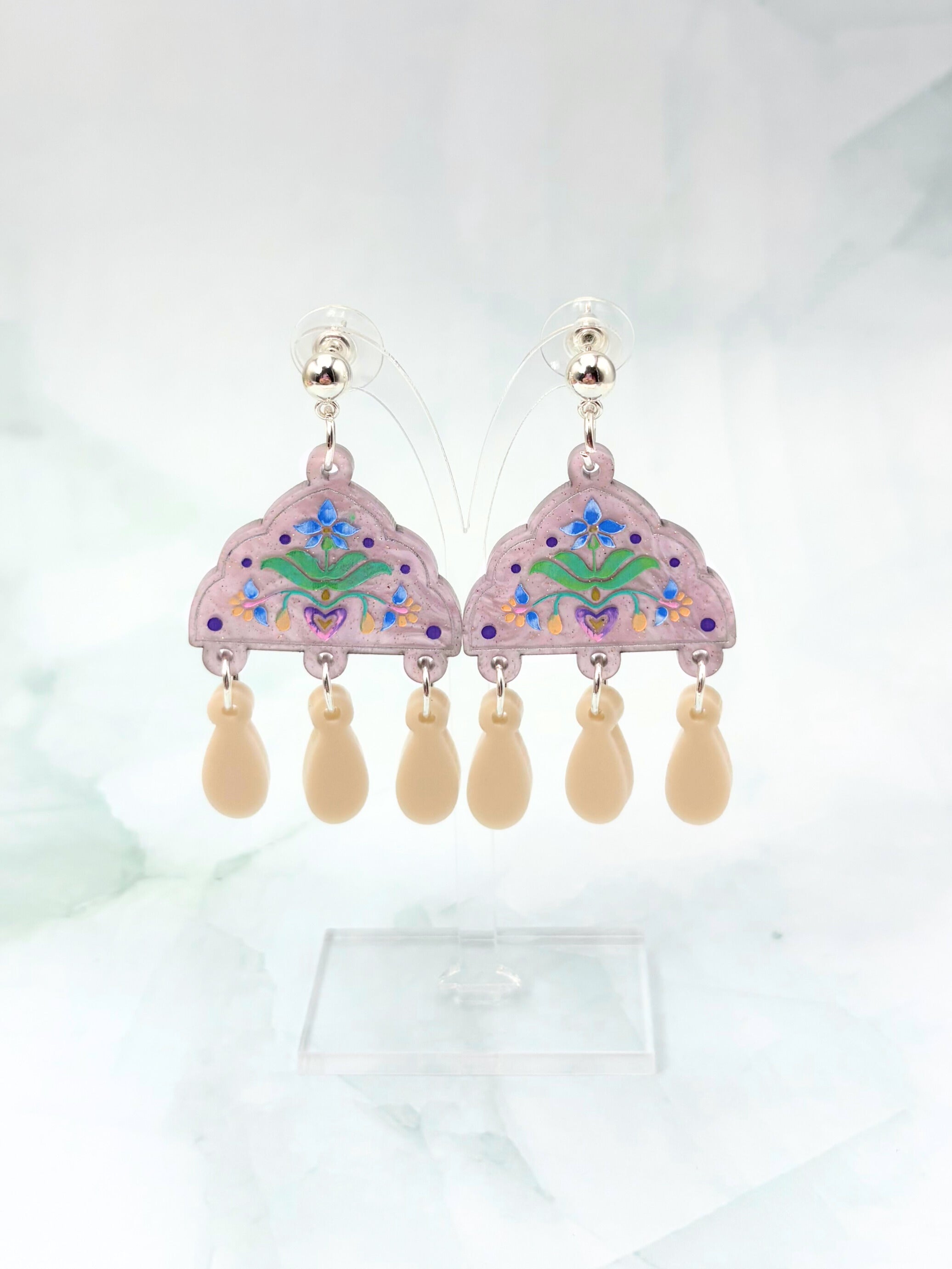 Inner Bloom Dangles - Lilac, Cream & Silver Acrylic Earrings | Isla & Marigold
