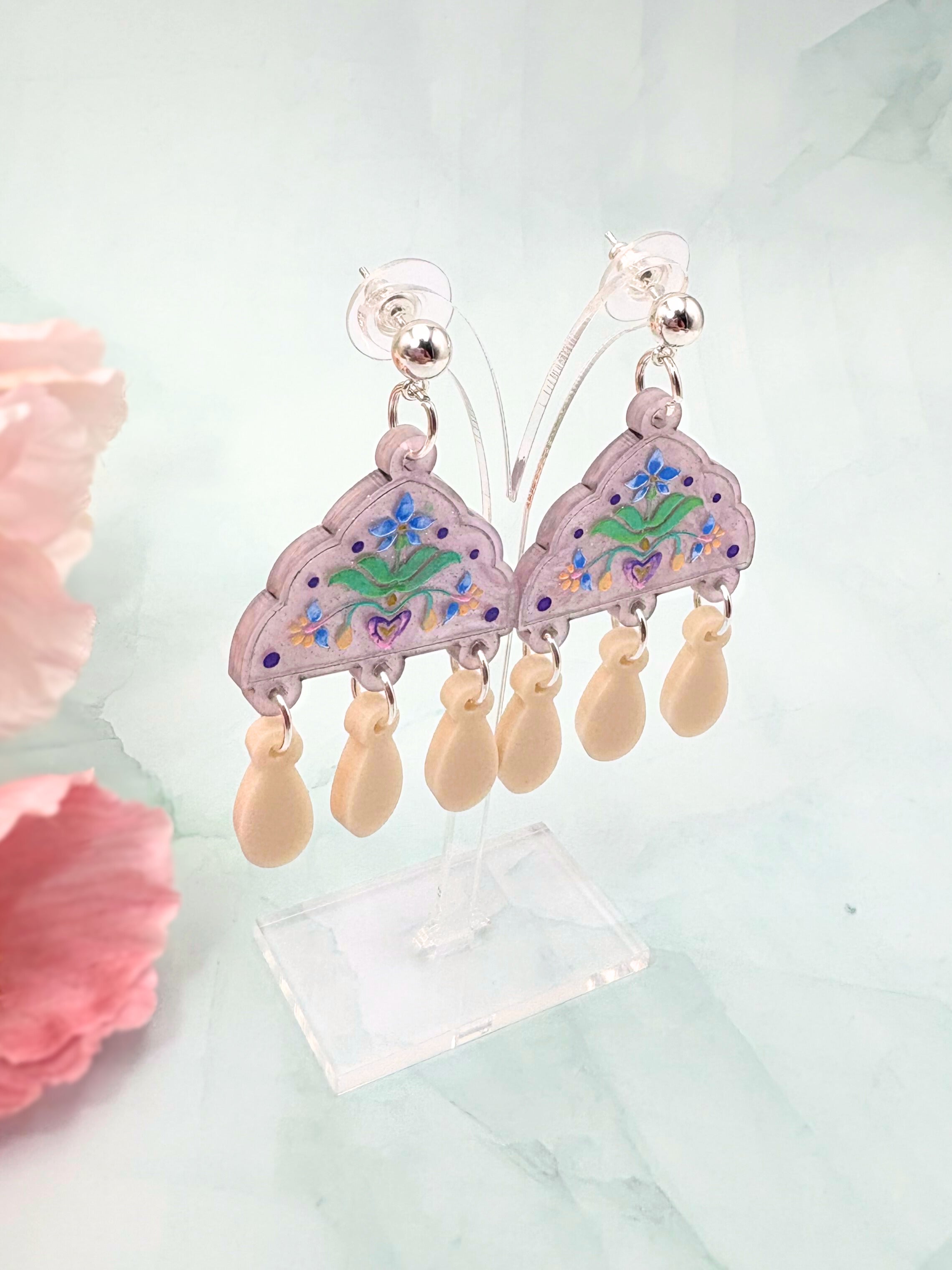 Inner Bloom Dangles - Lilac, Cream & Silver Acrylic Earrings | Isla & Marigold
