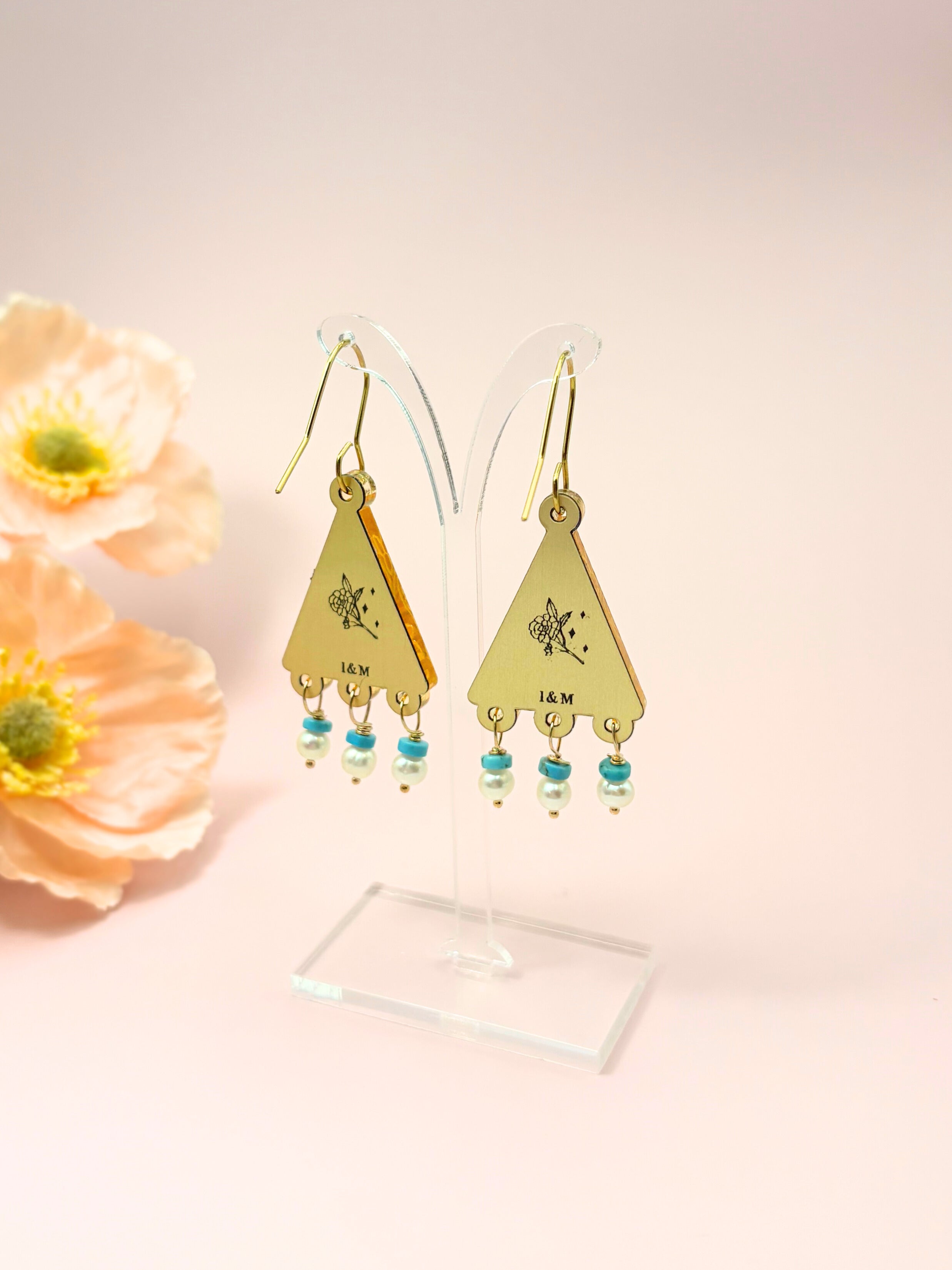 Kindred Spirit Dangles – Gold Mirror Acrylic | Turquoise & Pearl | Isla & Marigold