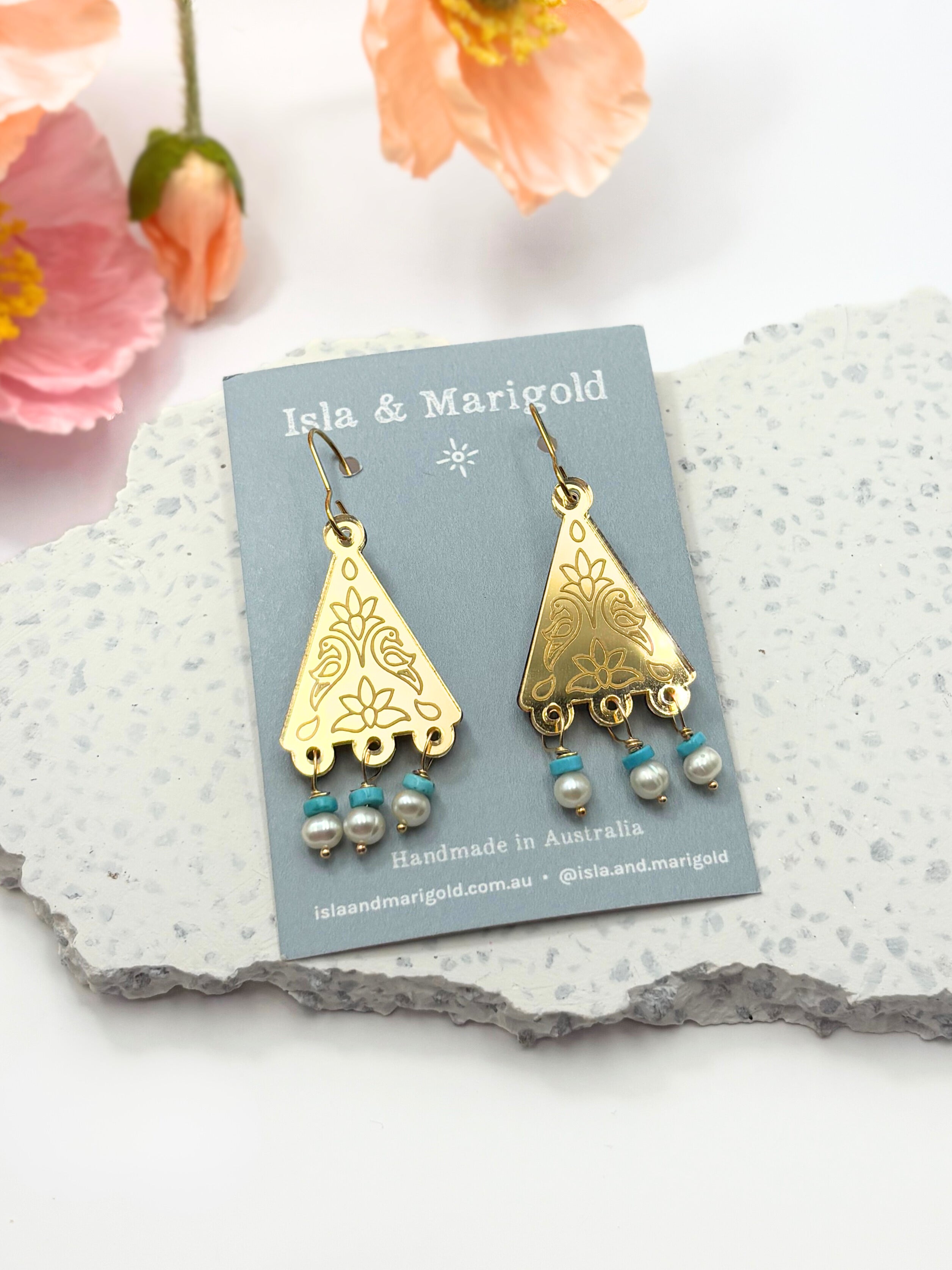 Kindred Spirit Dangles – Gold Mirror Acrylic | Turquoise & Pearl | Isla & Marigold