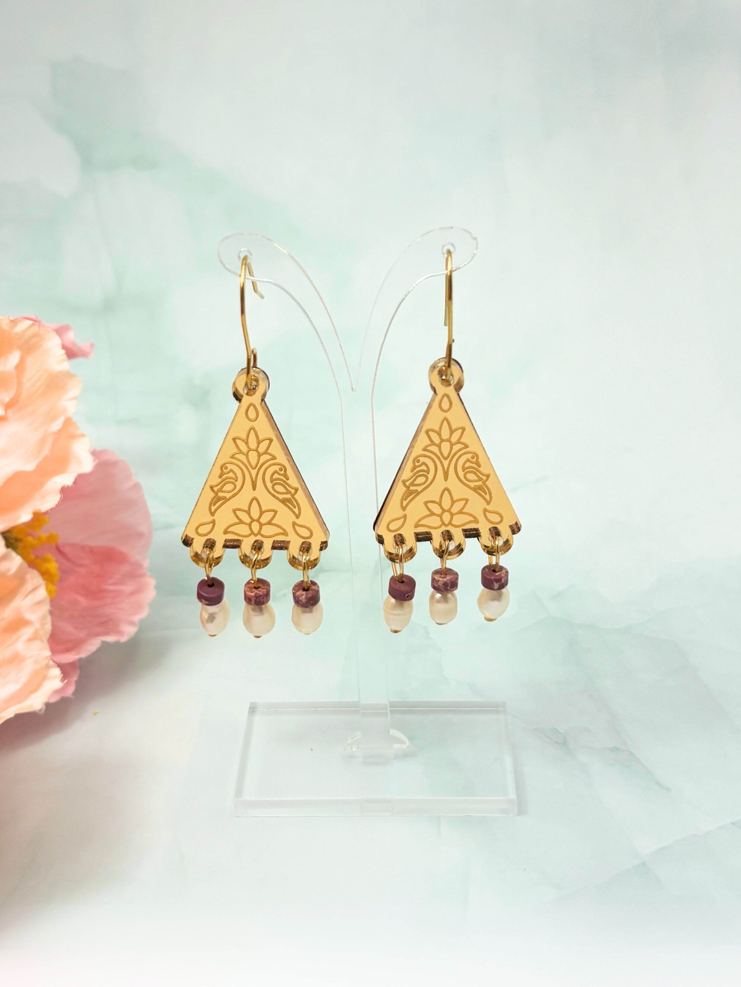Kindred Spirit Dangles – Gold Mirror Acrylic Earrings | Burgundy & Pearl | Isla & Marigold