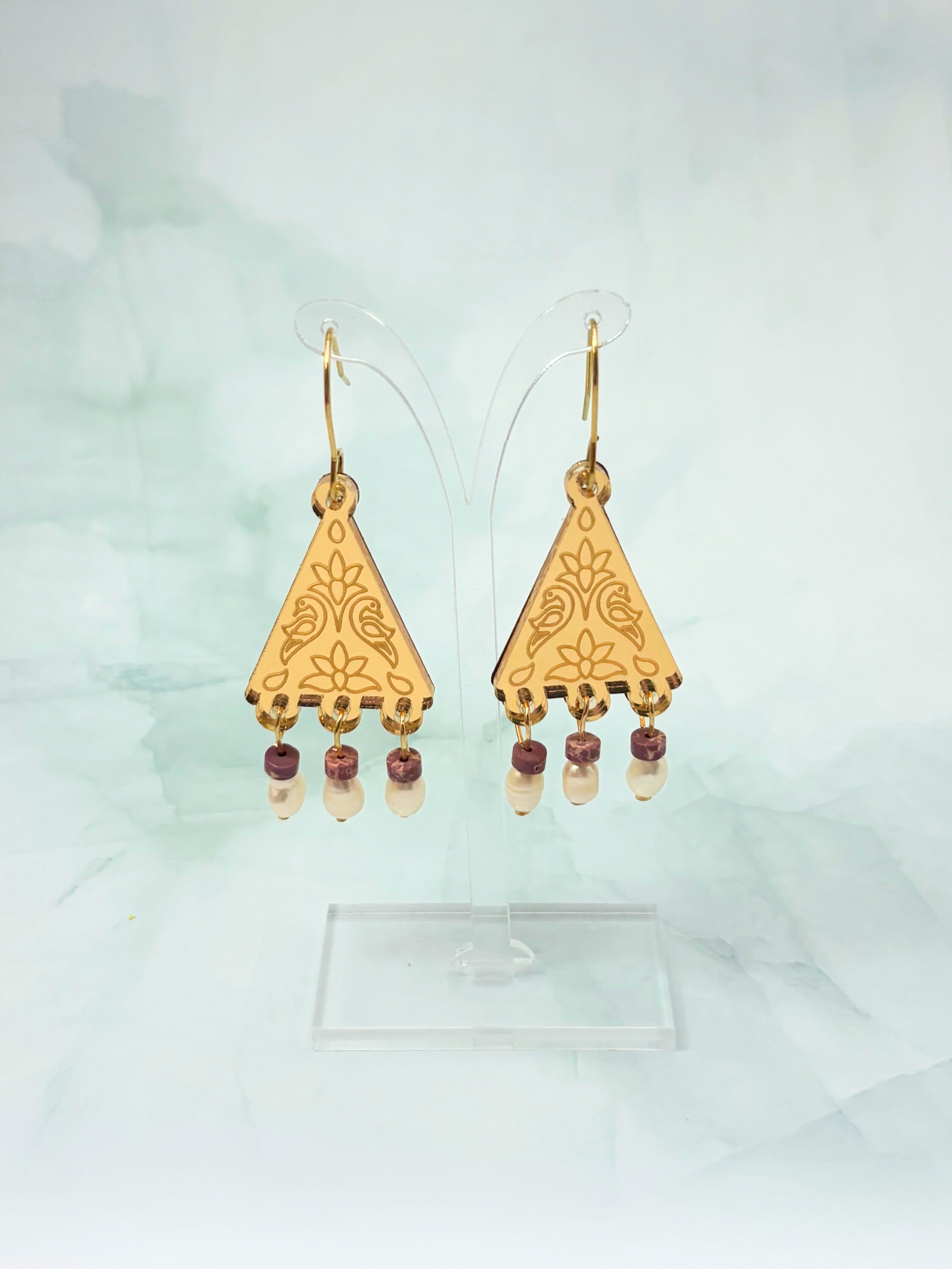 Kindred Spirit Dangles – Gold Mirror Acrylic Earrings | Burgundy & Pearl | Isla & Marigold