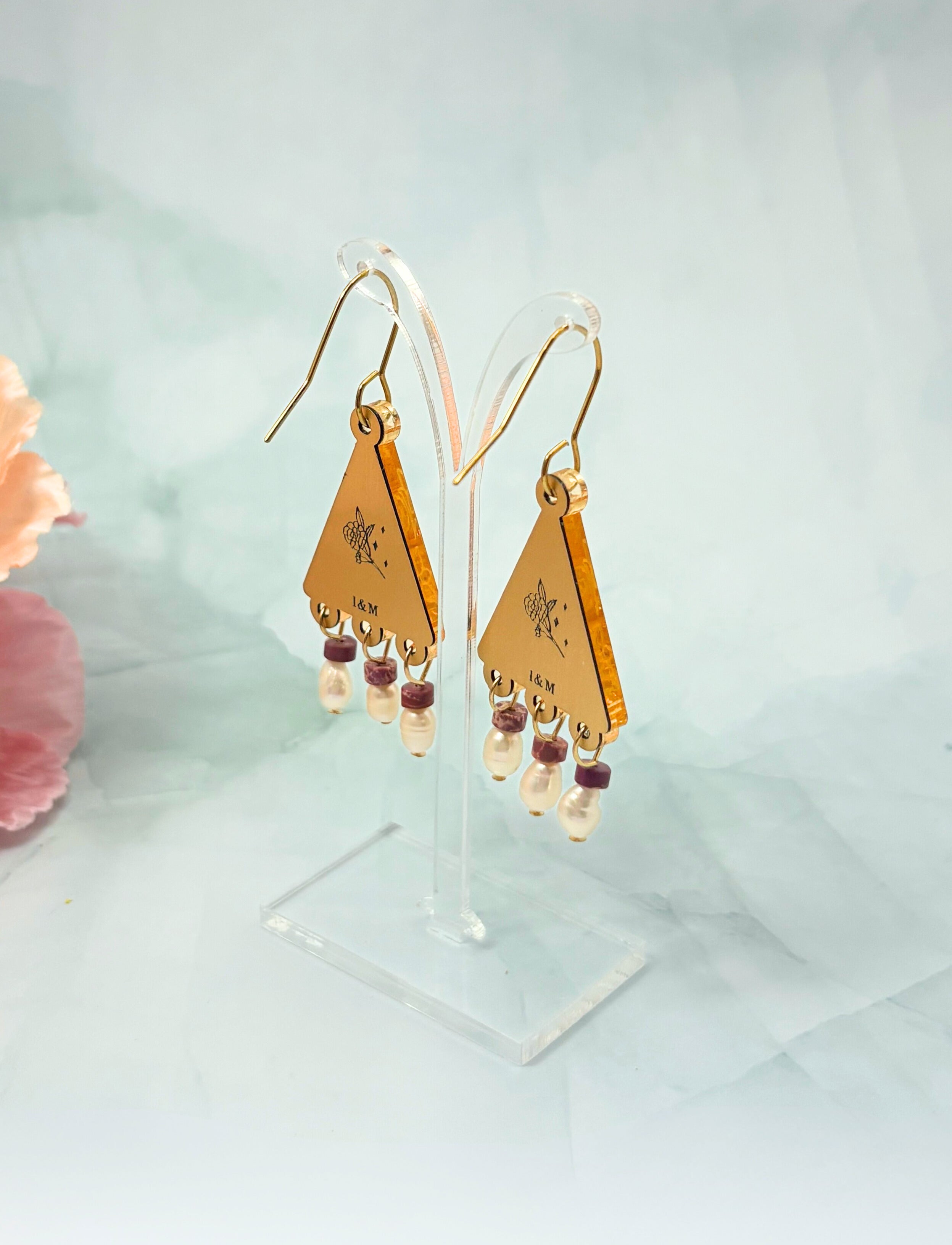 Kindred Spirit Dangles – Gold Mirror Acrylic Earrings | Burgundy & Pearl | Isla & Marigold