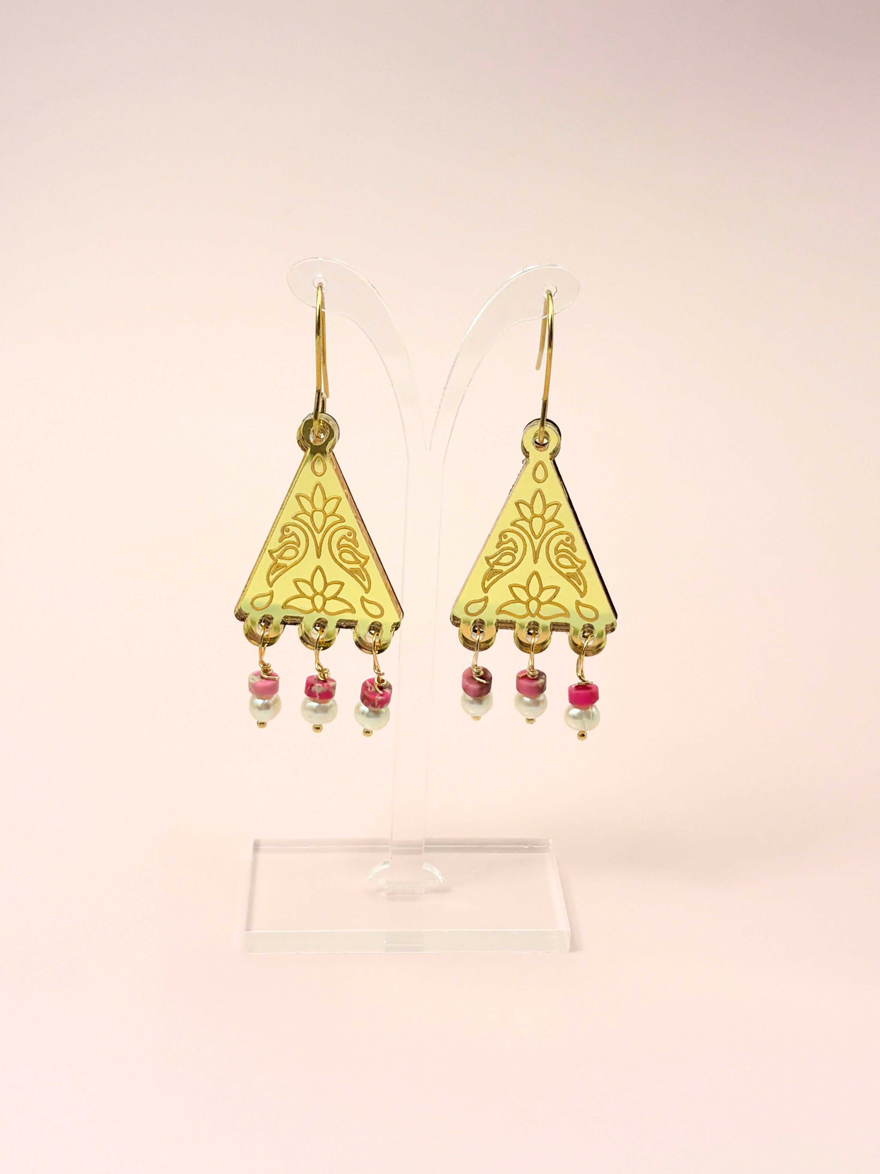 Kindred Spirit Dangles – Gold Mirror Acrylic Earrings | Pink & Pearl | Isla & Marigold