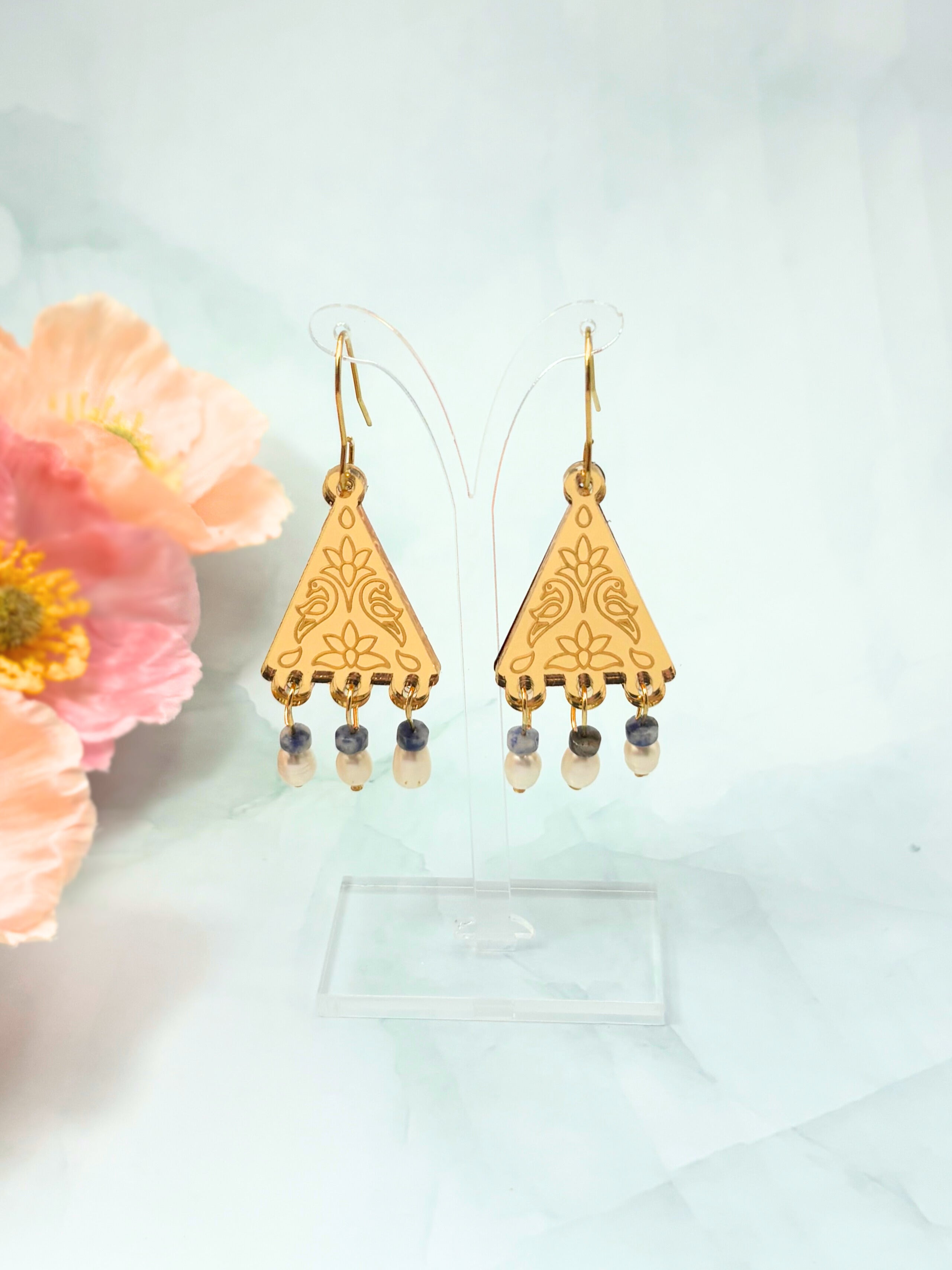 Kindred Spirit Dangles – Gold Mirror Acrylic Earrings | Sodalite & Pearl | Isla & Marigold