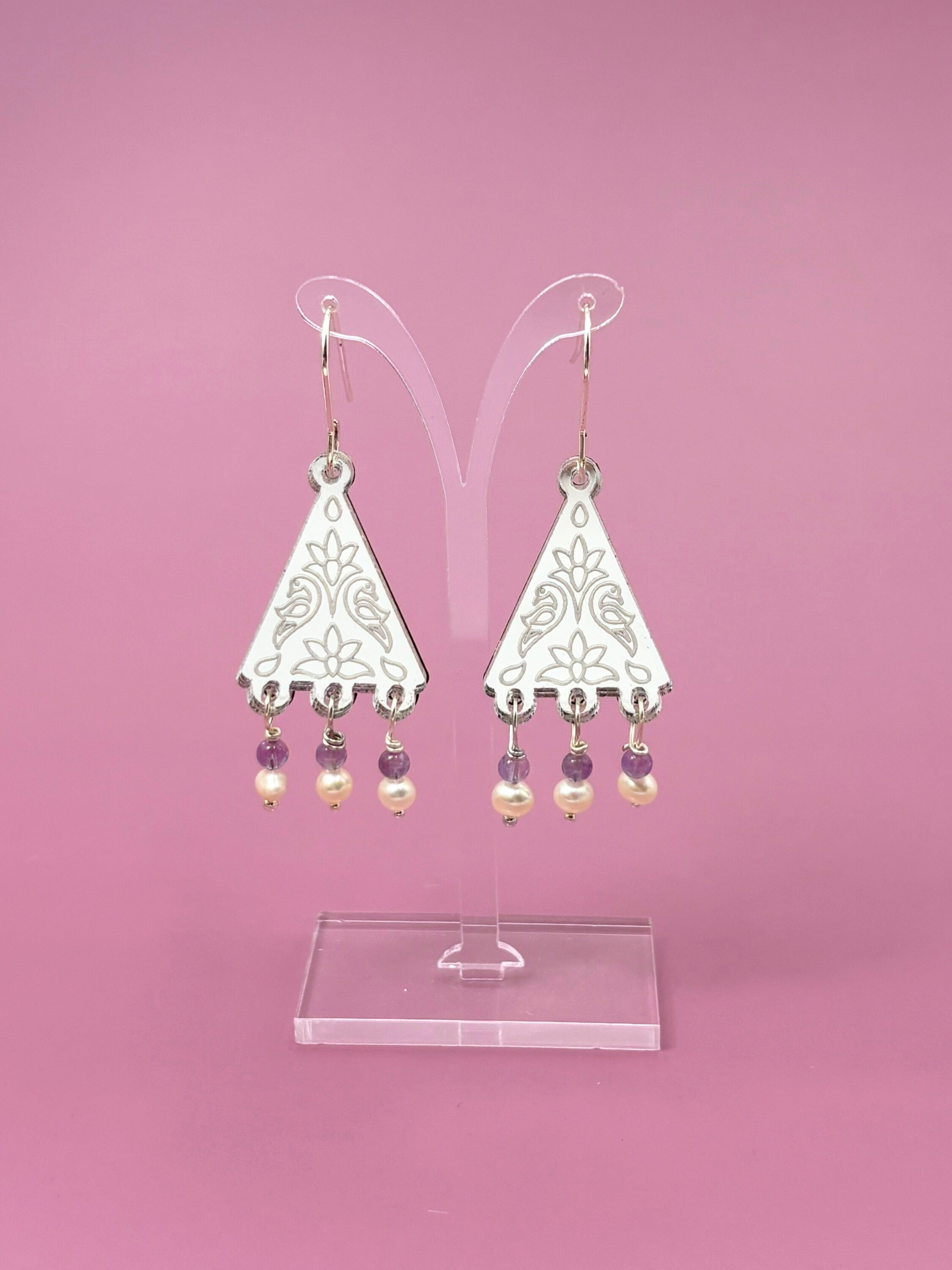 Kindred Spirit Dangles – Silver Mirror Acrylic Earrings | Amethyst & Pearl | Isla & Marigold
