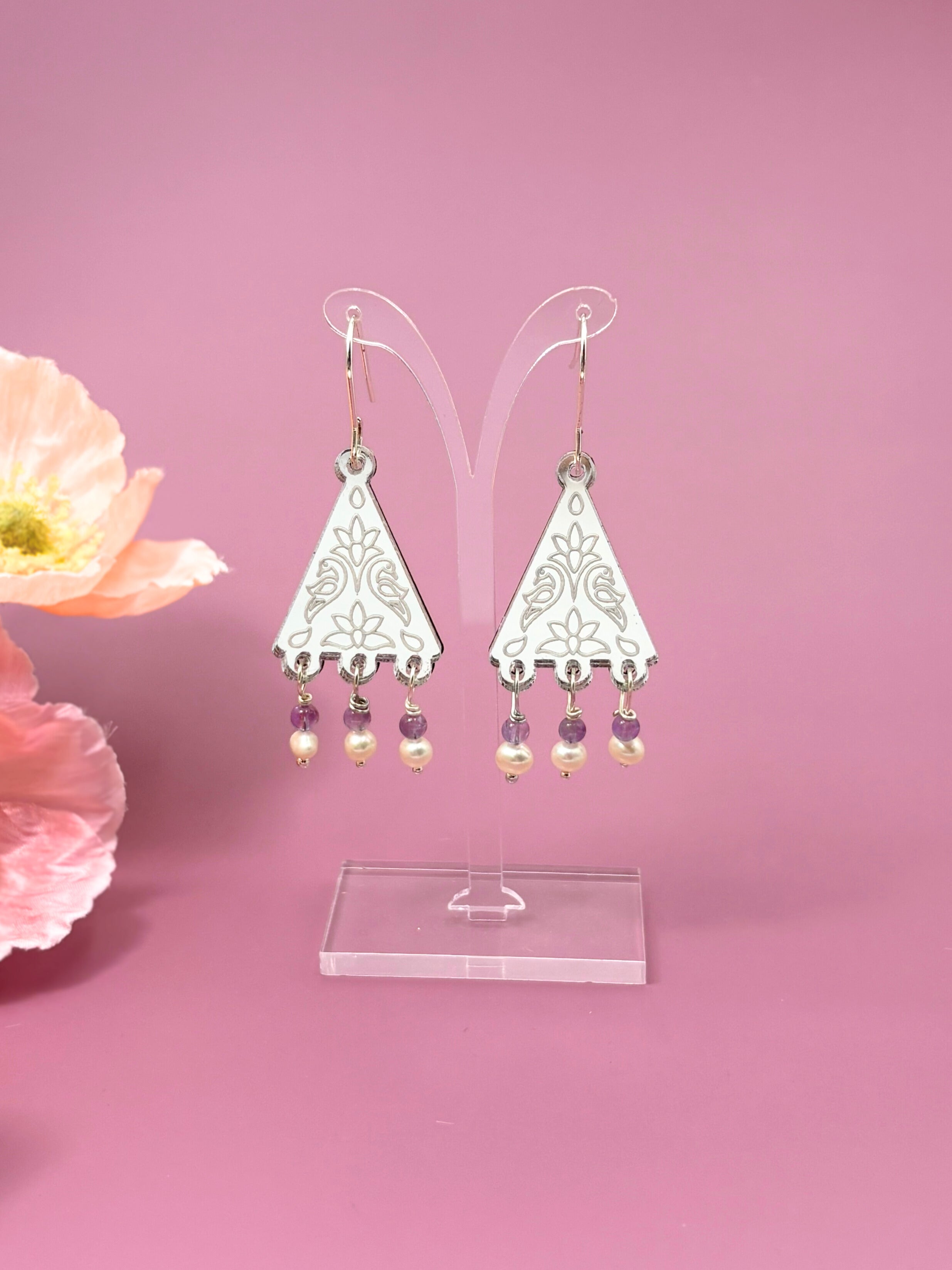 Kindred Spirit Dangles – Silver Mirror Acrylic Earrings | Amethyst & Pearl | Isla & Marigold
